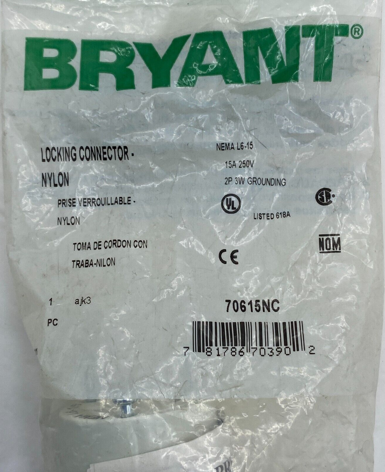 BRYANT 70615NC LOCKING CONNECTOR NEMA L6-15 2P 3W GROUNDING 15A 250V🔔