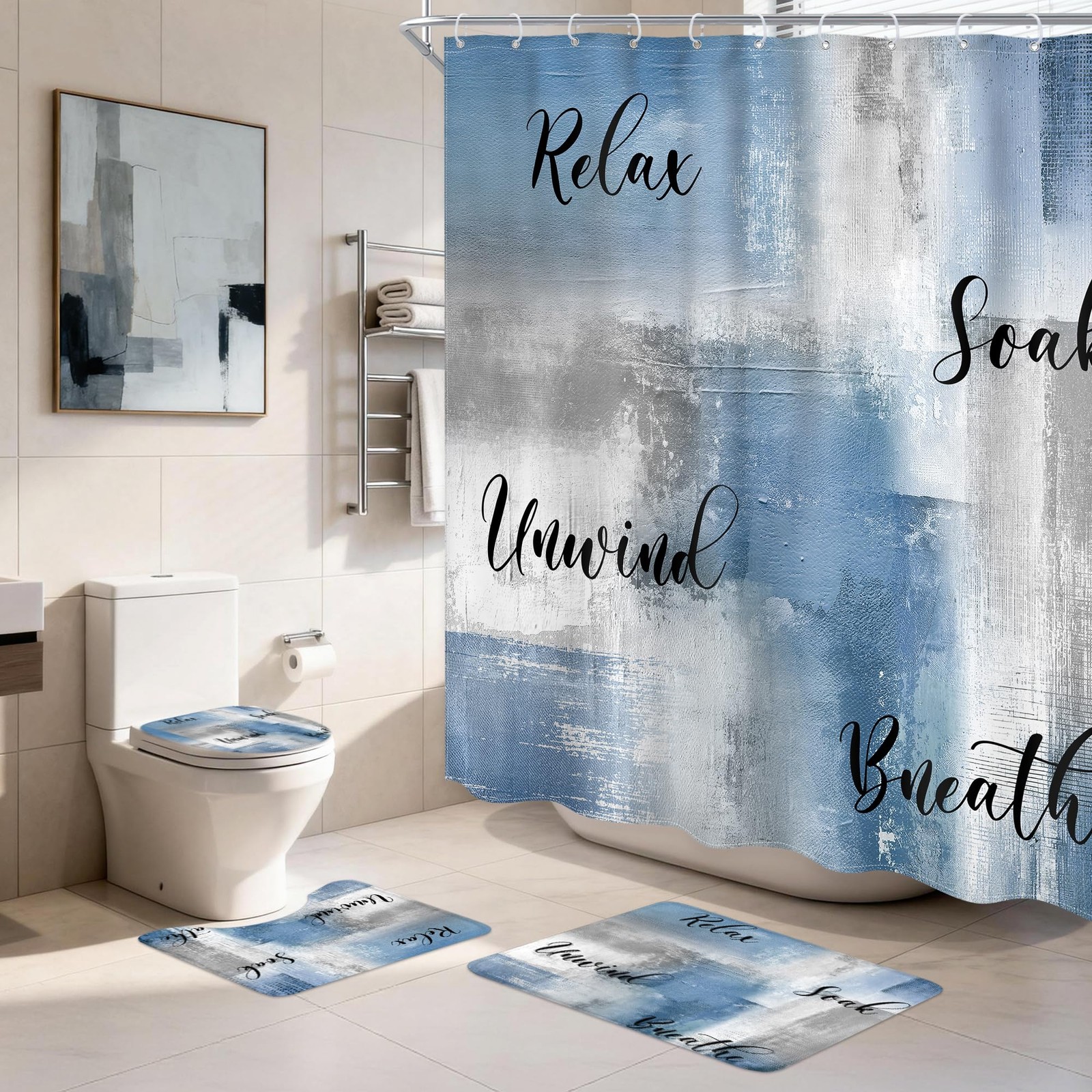 4 PCS Blue Grey Abstract Bathroom Set with Shower Curtain and Rugs 72Wx72H In...