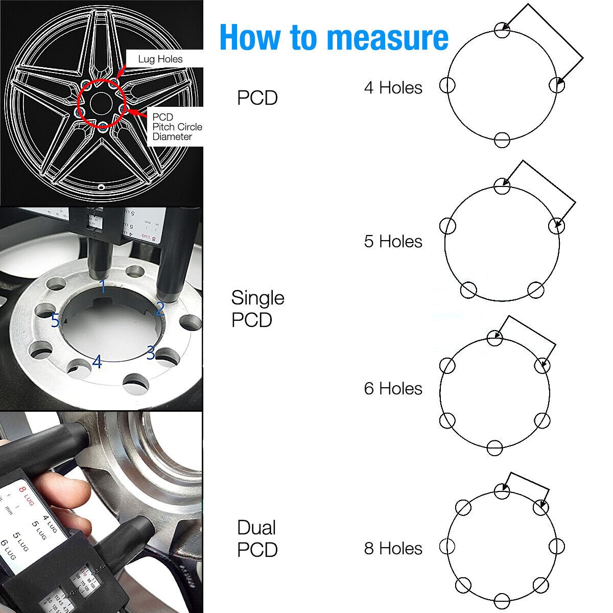 Precise Tire Bolts Wheel Rims Ruler Pattern Gauge PCD Measuring Tool 4,5,6,8 Lug