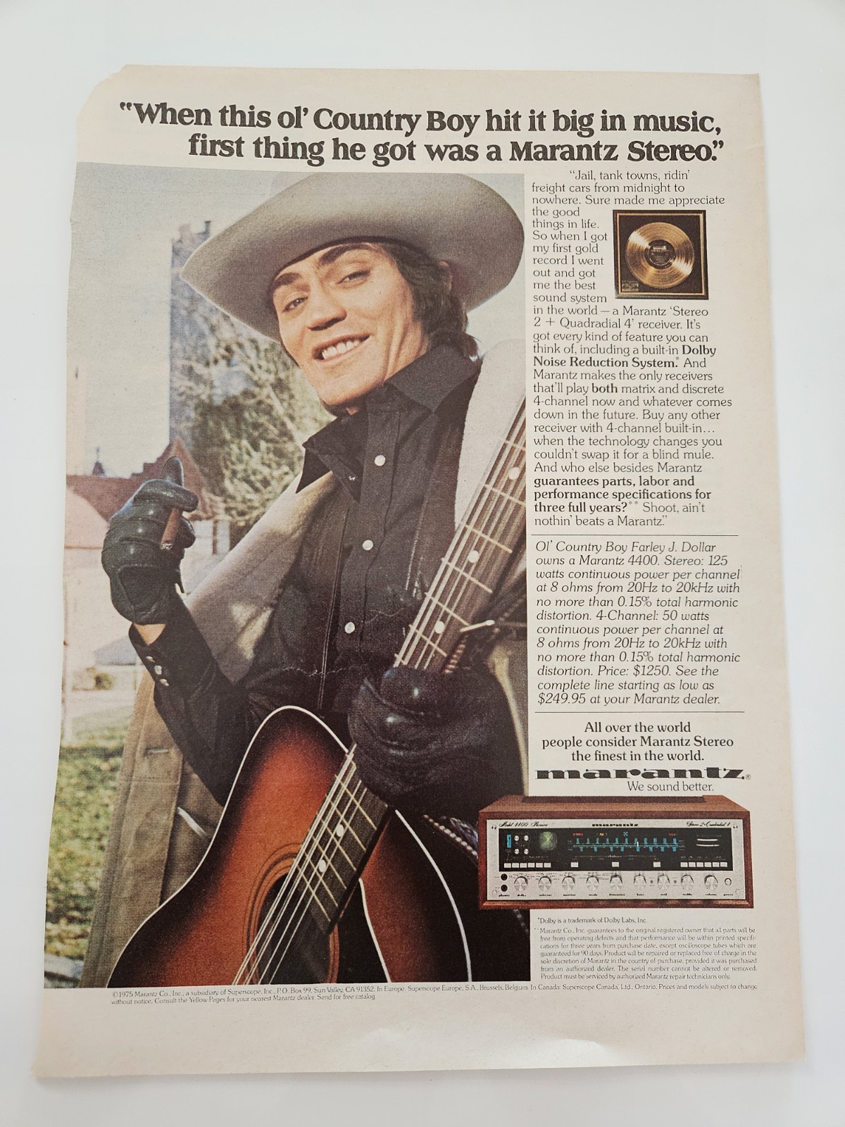 VINTAGE ORIGINAL 1975 MARANTZ 4400 STEREO RECEIVER  AD ADVERTISEMENT PAGE