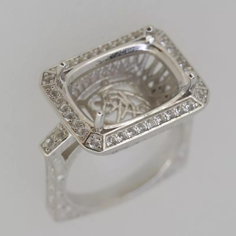 16x12MM Cushion Shape Semi Mount Ring 925 Sterling Silver Solitaire Halo Ring