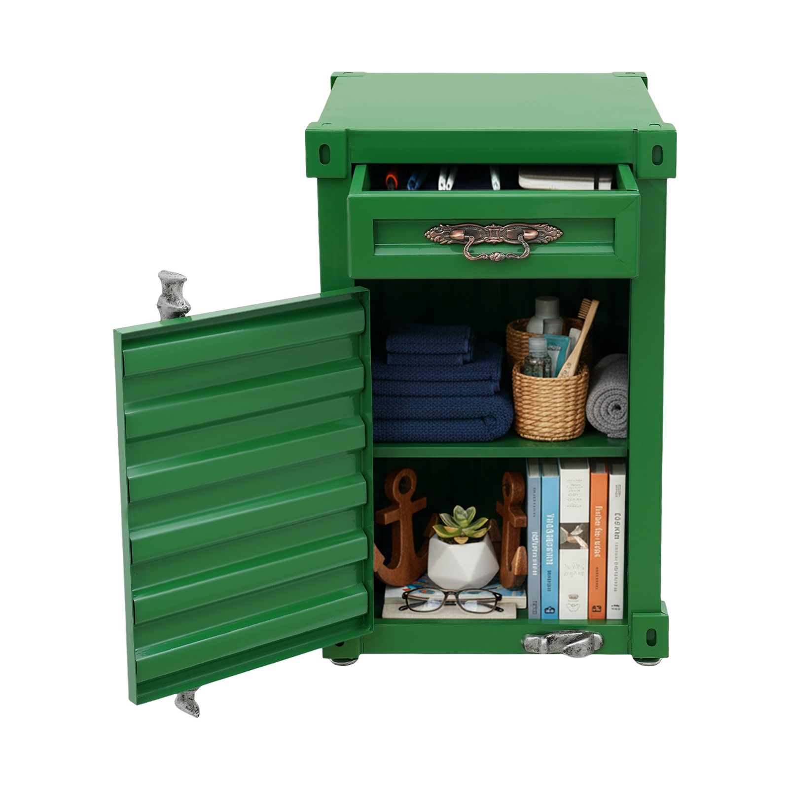 Industrial Metal Container Side Table, Container Style Side Table with Drawer