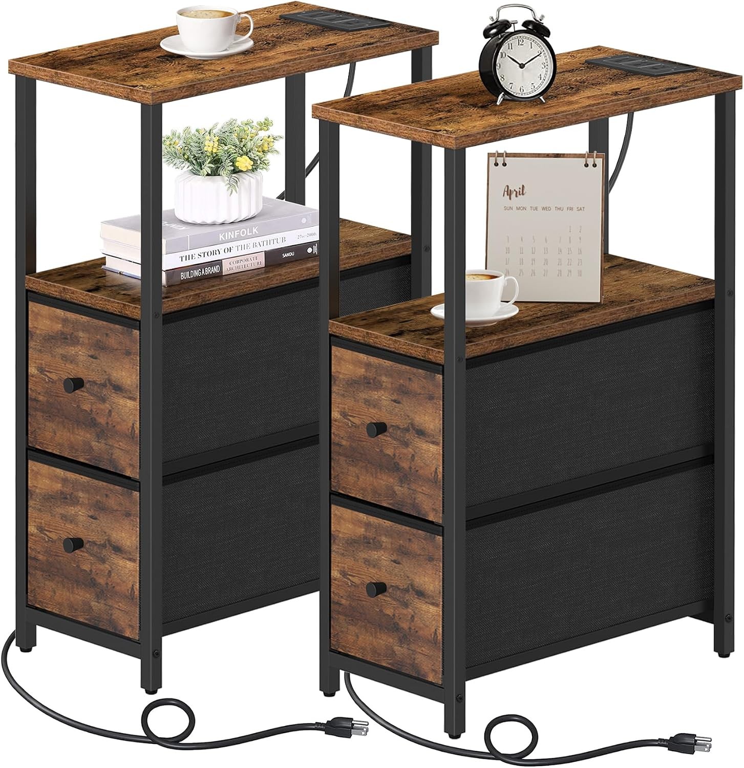 Small Narrow End Table with Charging Station, Set of 2, Side Table with Outlets