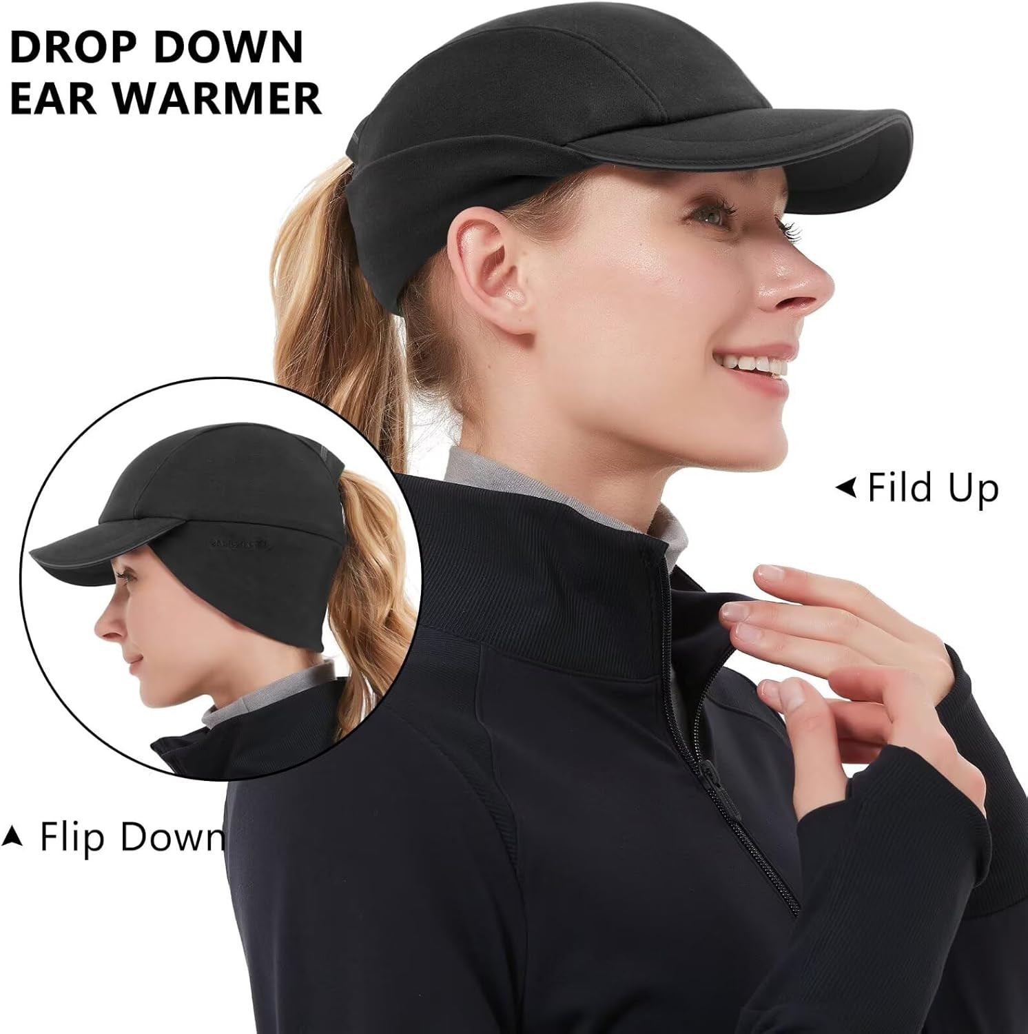 Women's Reflective Fleece Winter Hat with Ear Warmer for Ponytails