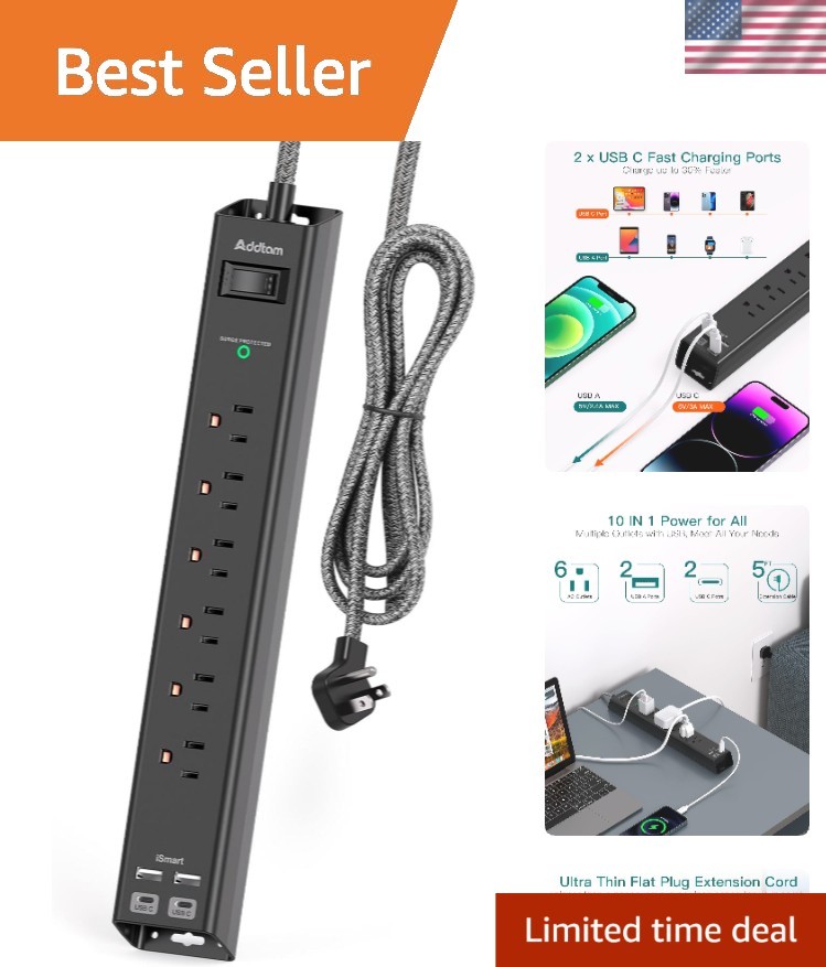 Multi-Protect Surge Power Strip: 6 Outlets & 4 Fast Charging USB Ports