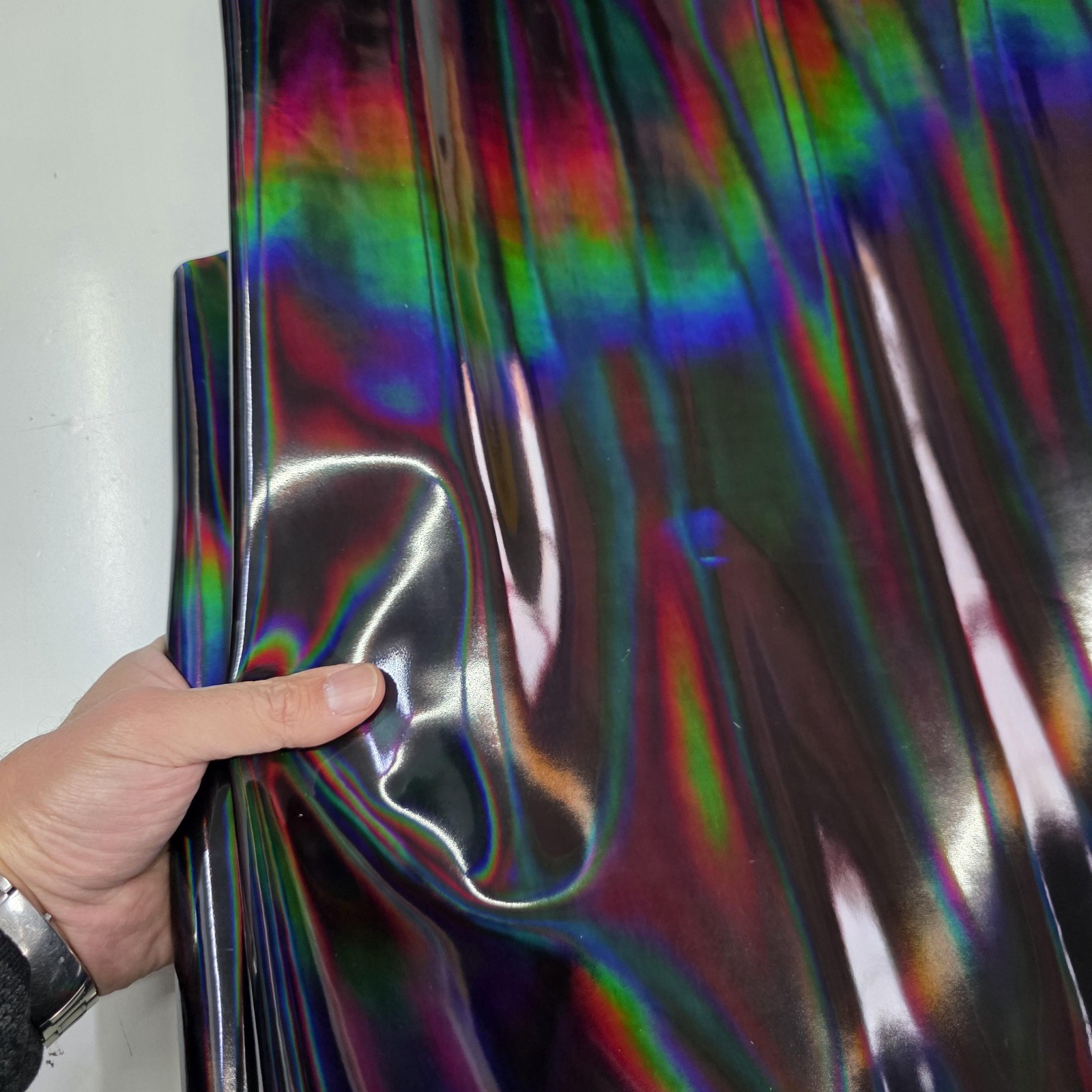Color Black Iridescent Cow Patent Leather: Holographic Rainbow Glossy Metallic