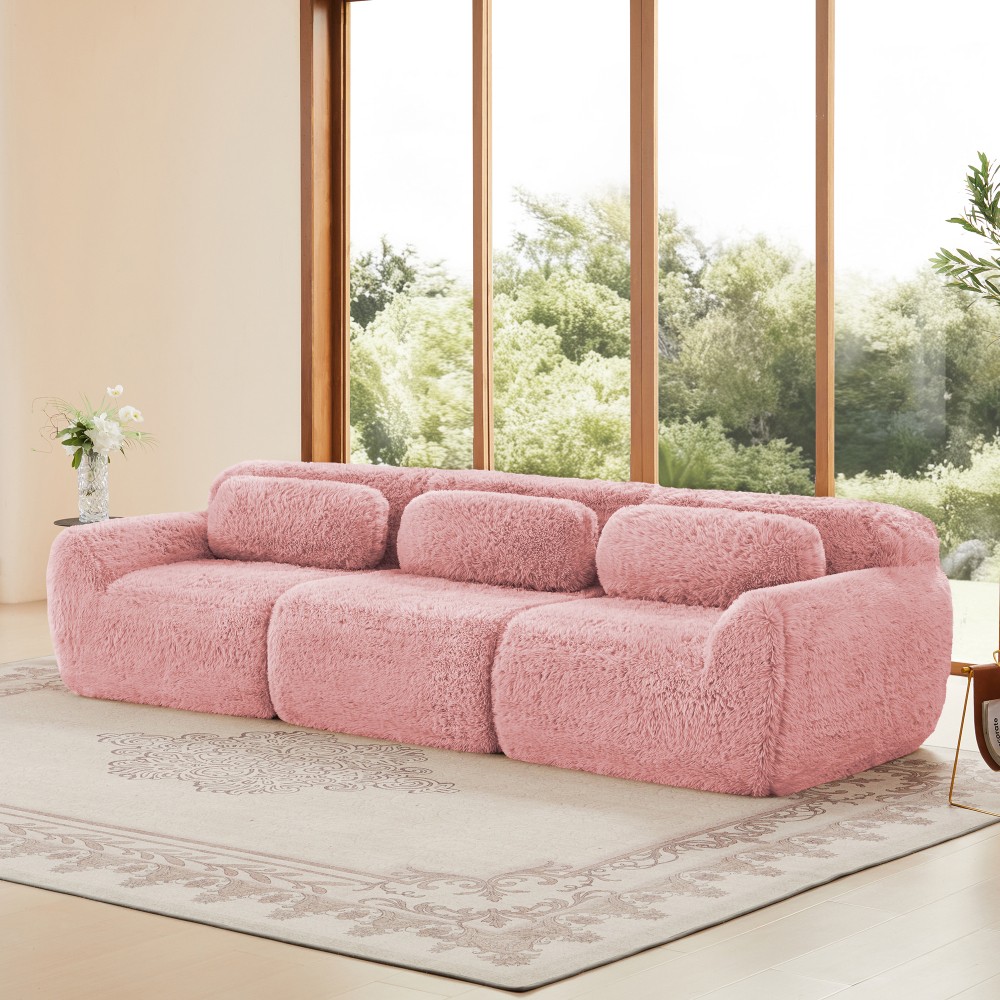 Modular Sectional Sofa w/ Ottoman & Pillows, Plush Pink Fabric