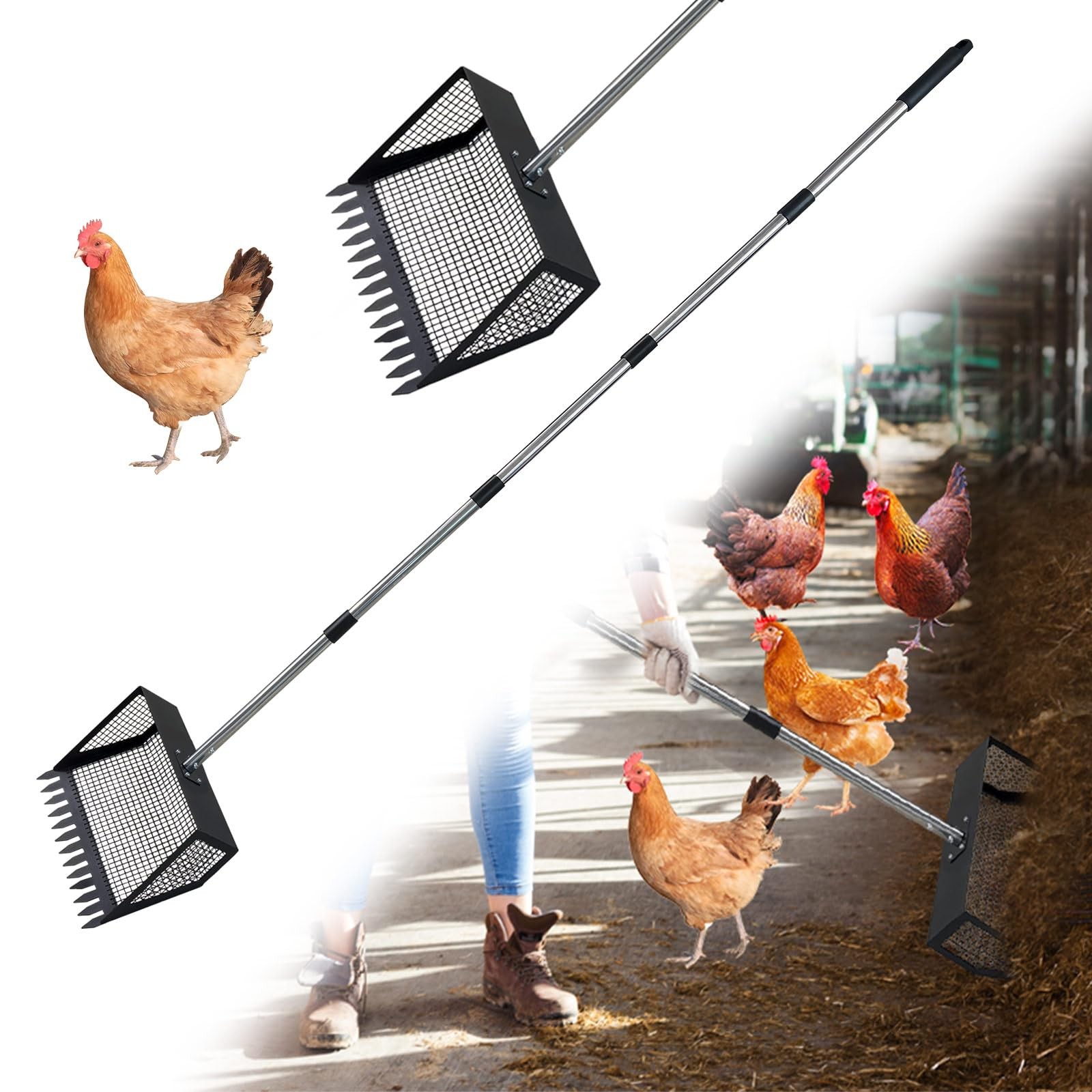HQTrailTrekker Chicken Poop Scooper & Rake 2-in-1, High Duty Chicken coop rake