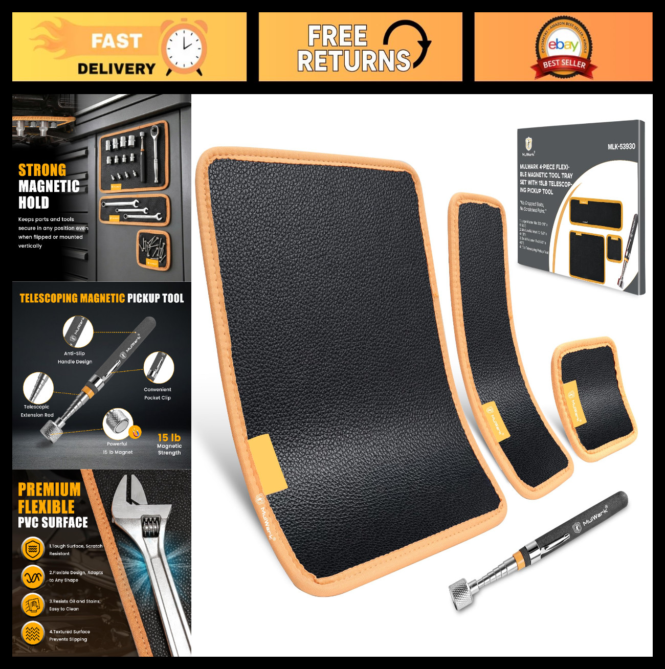 Magnetic Tool Mat with 15Lb Pickup Tool - Flexible Parts Holder for Screws, Bolt