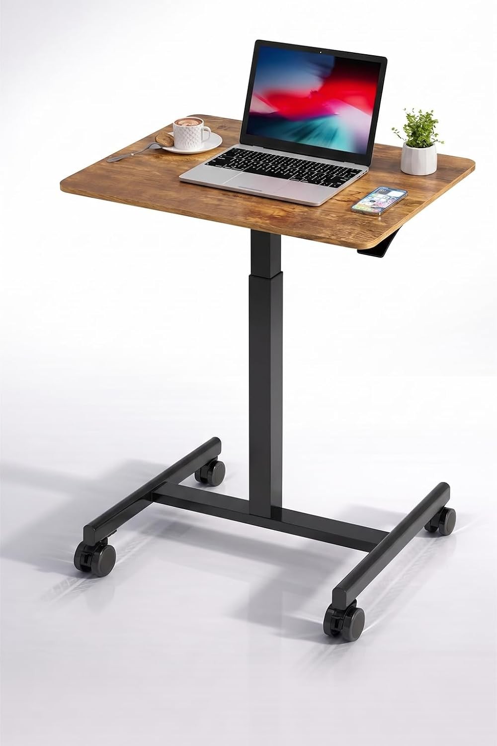 Lockable Adjustable Rolling Desk Stand - Compact & Height-Modifiable (Brown)