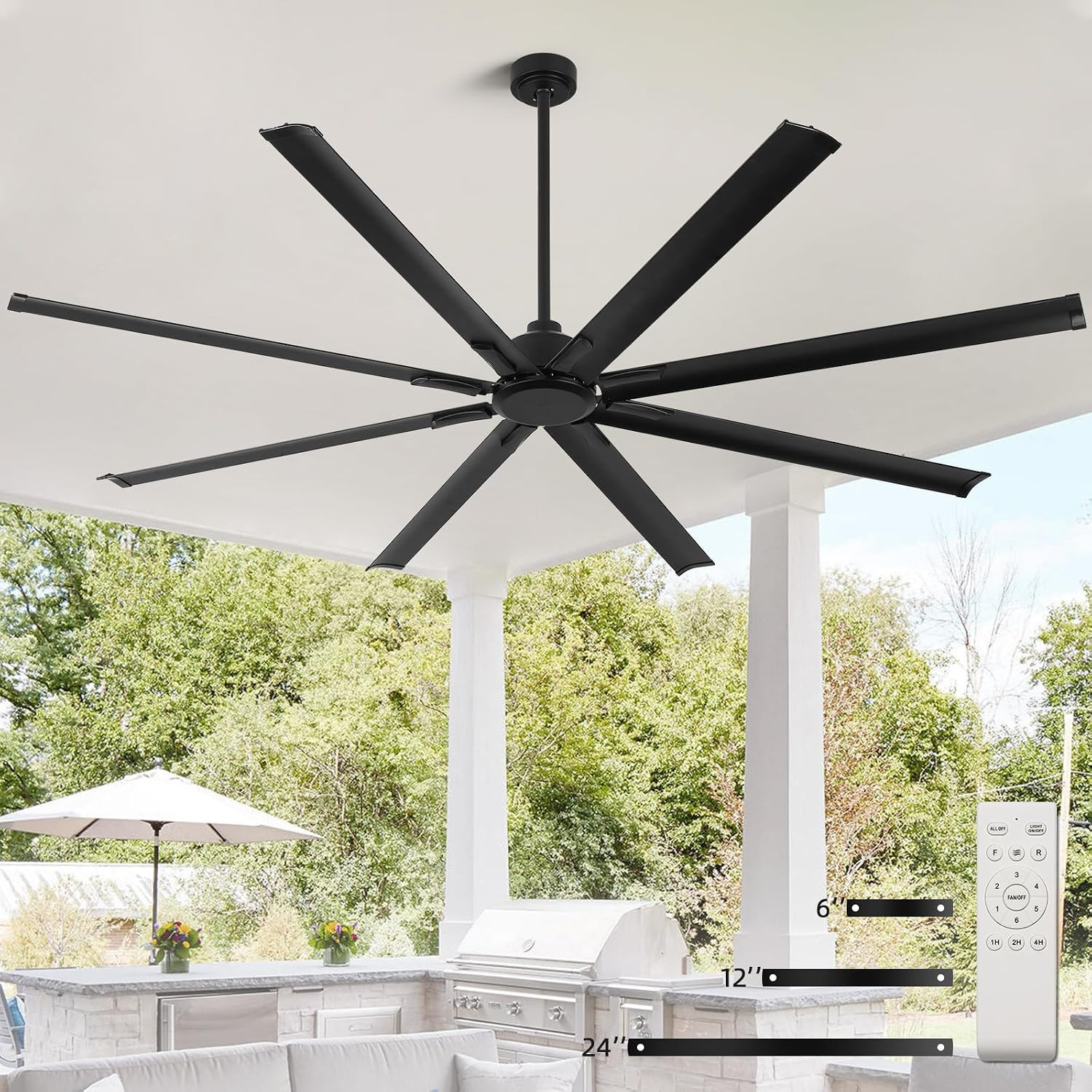 96 Inch Large Industrial Ceiling Fan No Lights, Reversible DC Motor, 3 Downrods,