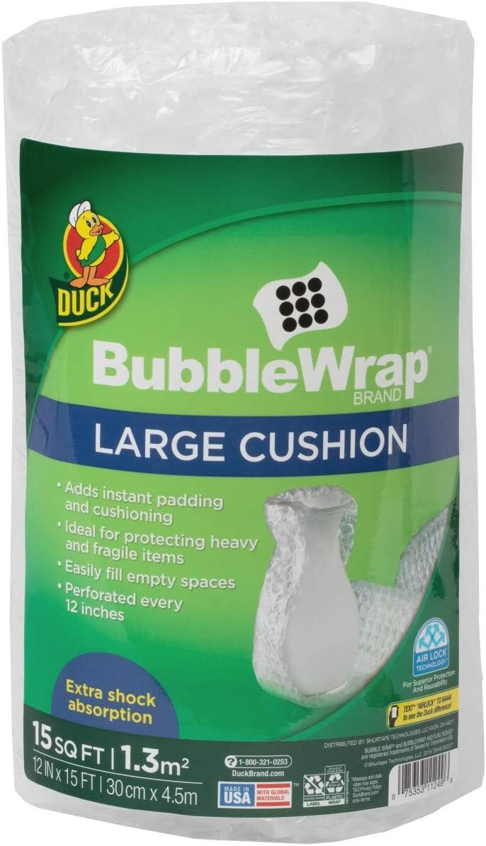 Duck Brand Large Bubble Wrap Roll, 5/16" Large Bubble Cushioning, 12" x 15'