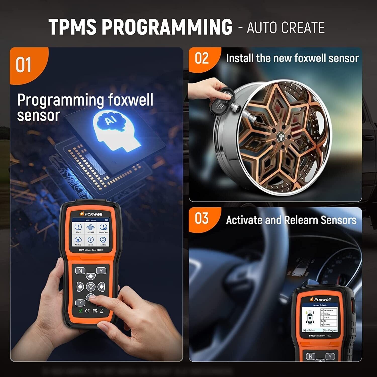 FOXWELL T1000 TPMS Relearn Tire Sensor Pressure Programming Reset Car Diagnostic