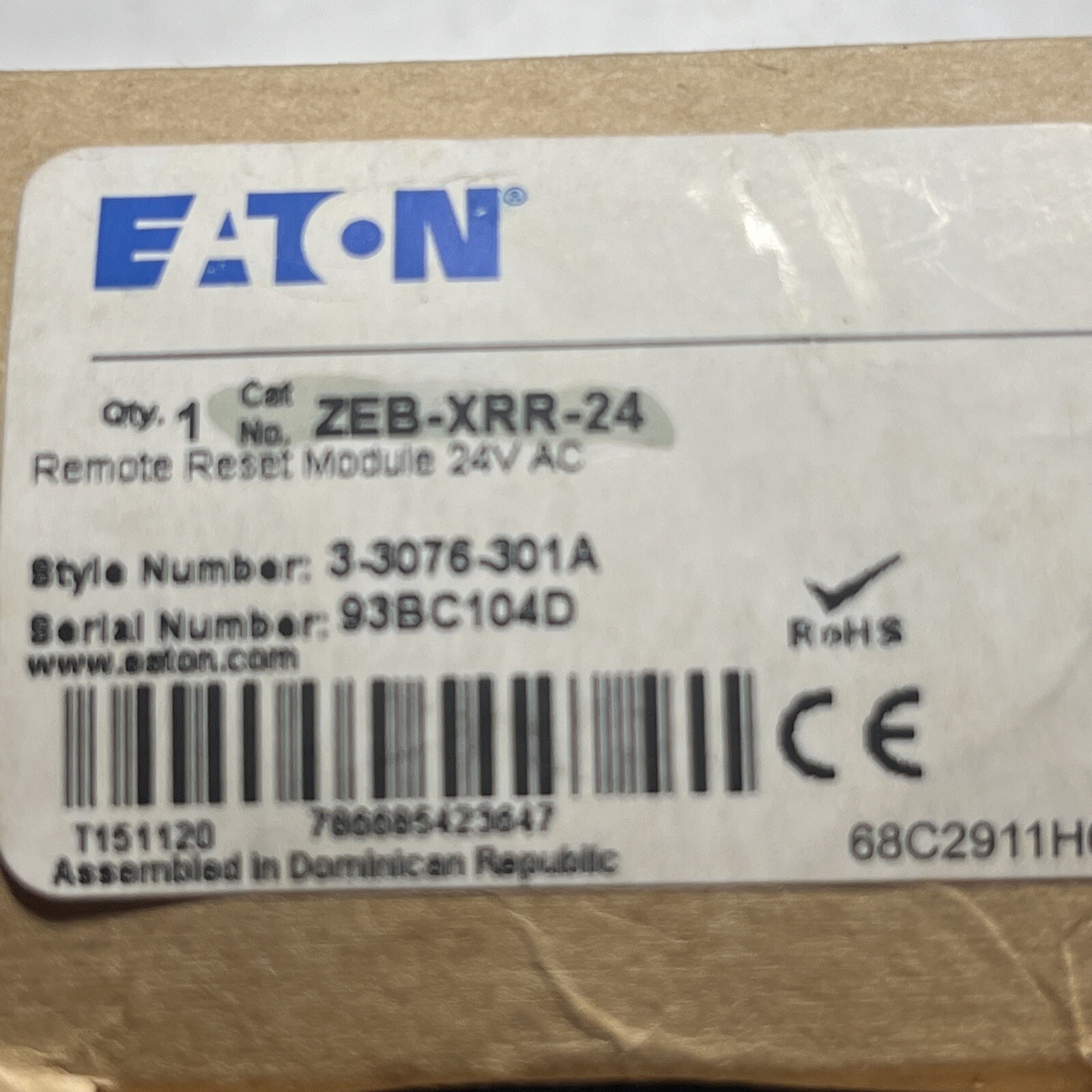 EATON ZEB-XRR-24, Remote Reset Module, 24V AC, CSA; IEC; UL, New