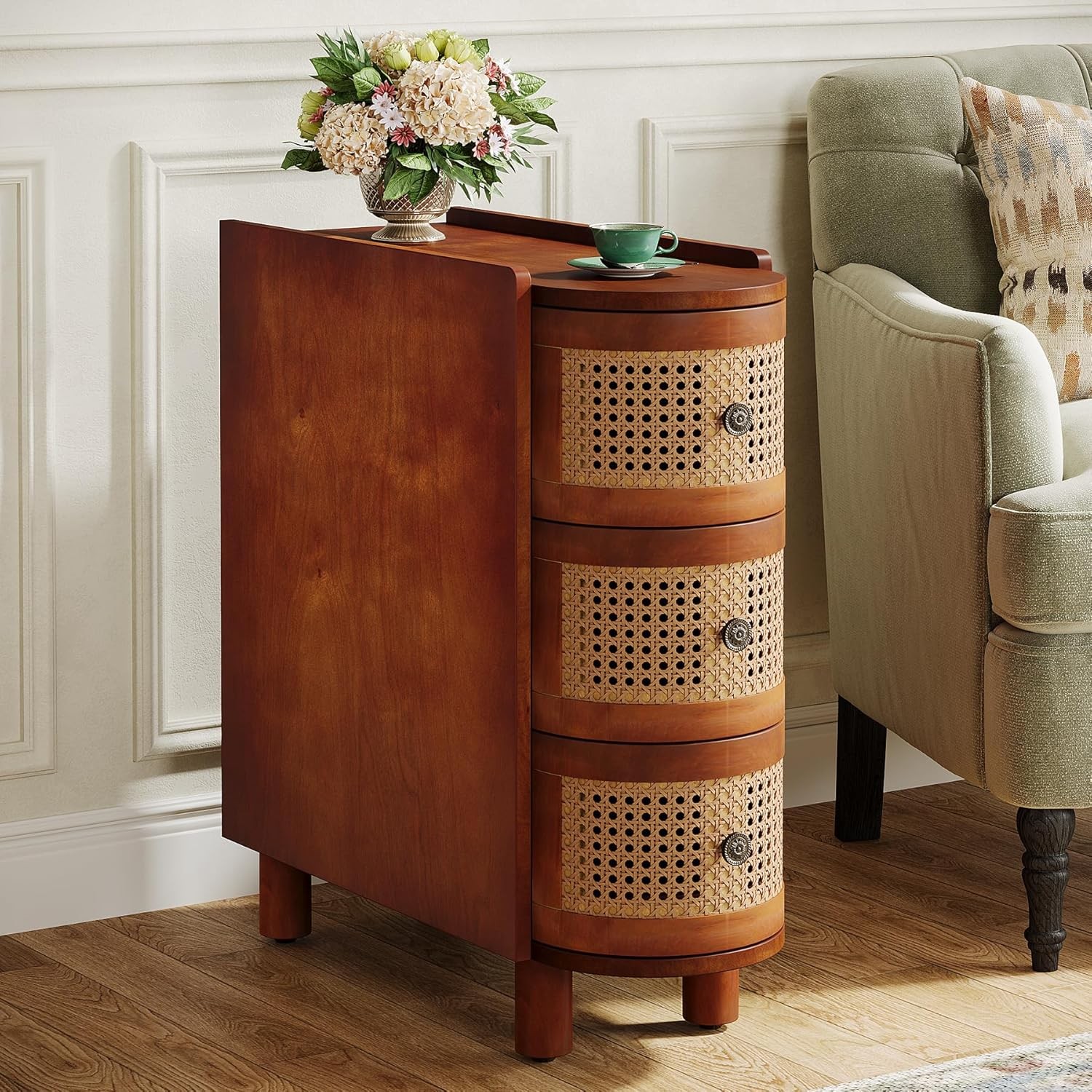 Solid Wood End Table with 3-Drawers, Fully Assembly Modern Rattan Side Table