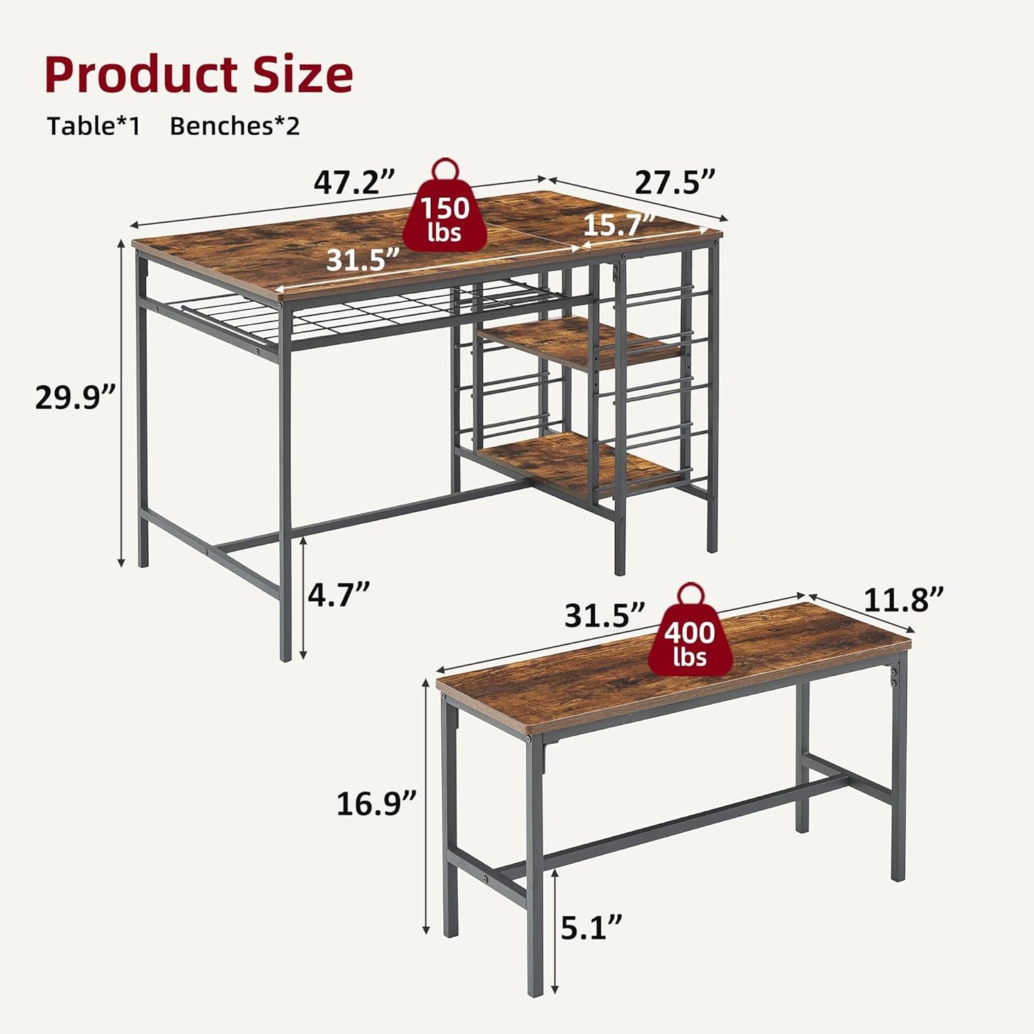 Dining Table Set for 4, Rectangular Table with Wine Rack,Storage Shelf,2 Benches