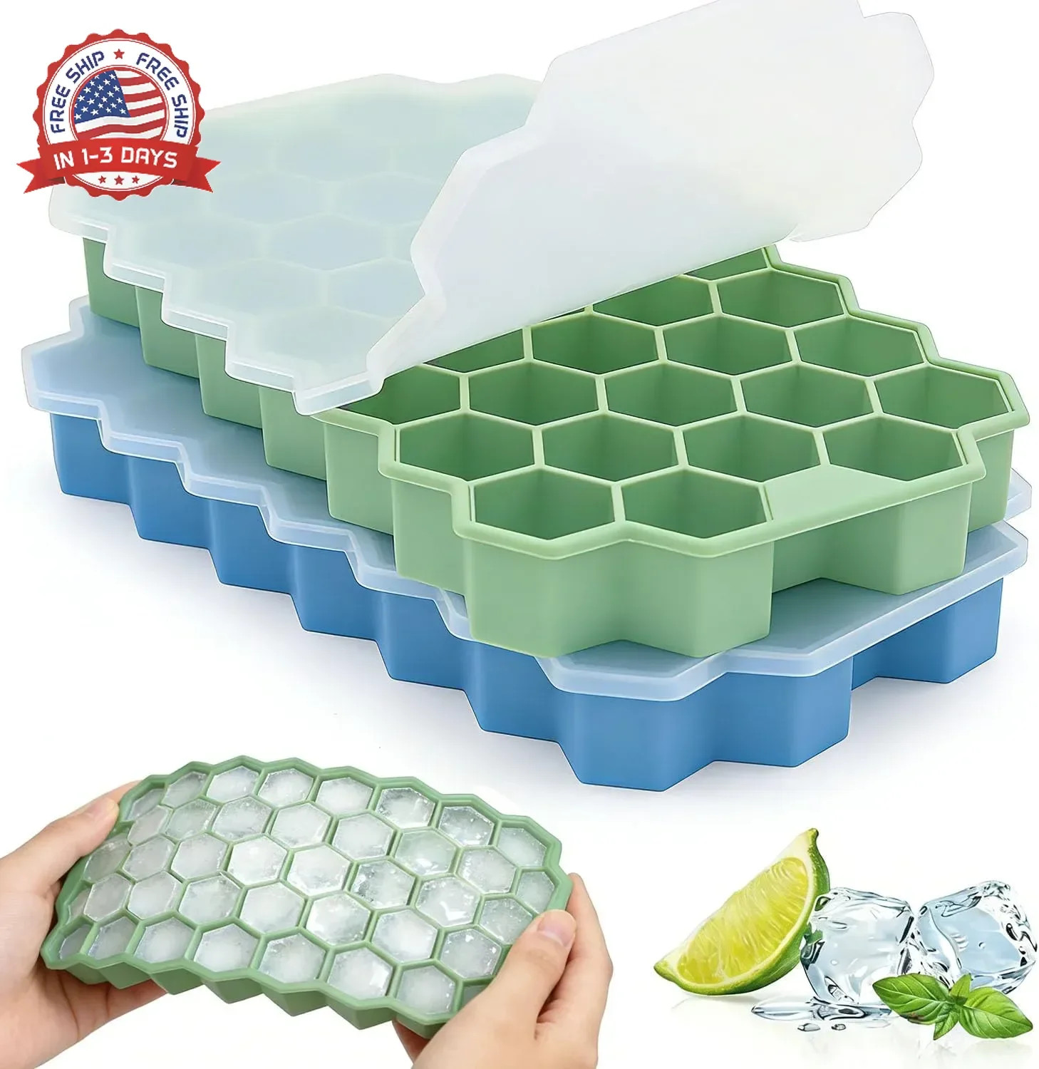 Ice Cube Trays for Freezer, 2 Pack Silicone Ice Cube Mold with Lid-37 Grid, Easy