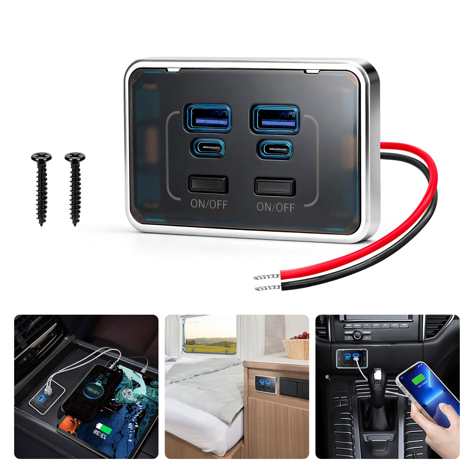 12V-24V USB Outlet PD QC3.0 4 Ports Car Fast Charger Socket Panel RV Boat Marine