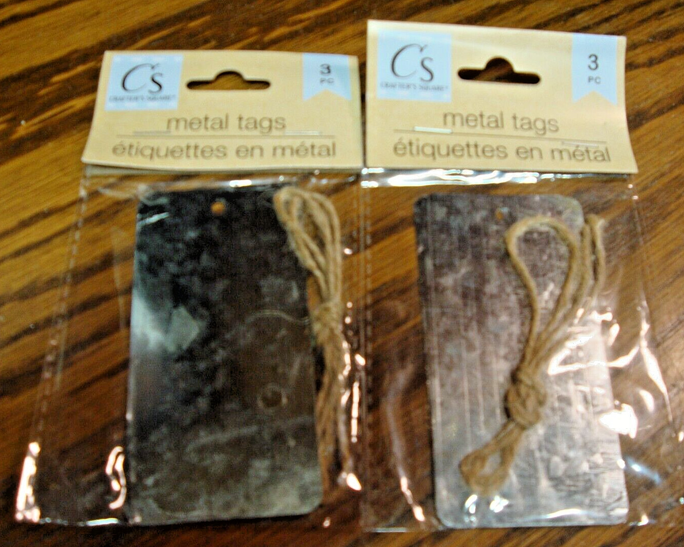 2) Packs of 3 (6 total) GALVANIZED 2x4" METAL TAGS w/Jute  Crafter's Square  208