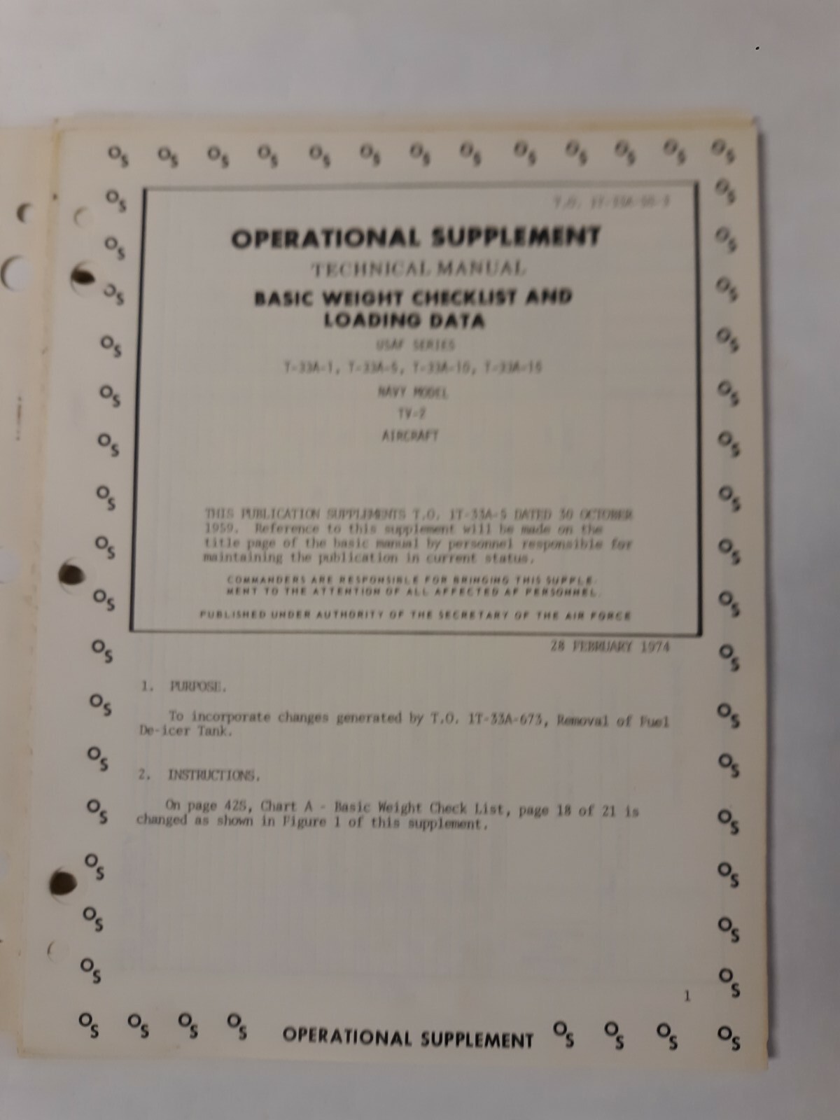 Lockheed T-33A-1-5-10-15/TV-2 Aircraft Basic Weight Checklist & Loading Data