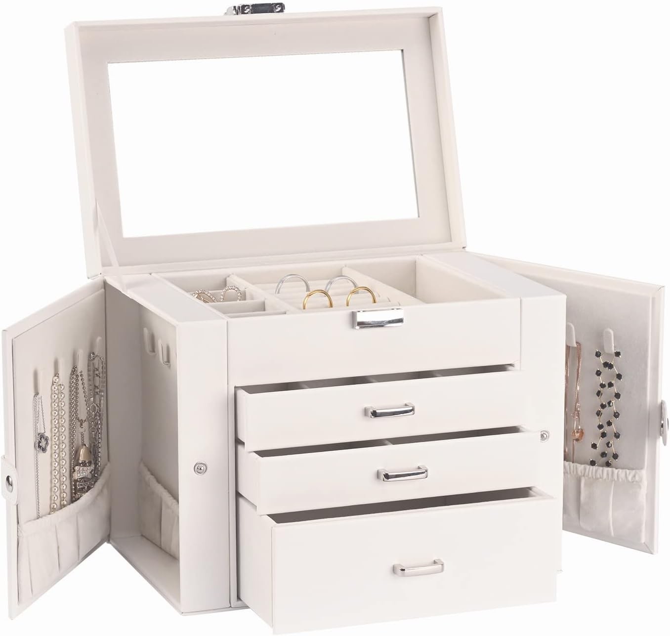 Jewelry Box Women 4-layer Leather Large Jewelry Organizer Box W/ Drawers&Mirror