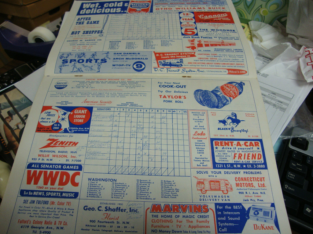 1958 WASHINGTON SENATORS PROGRAM VS BOSTON RED SOX