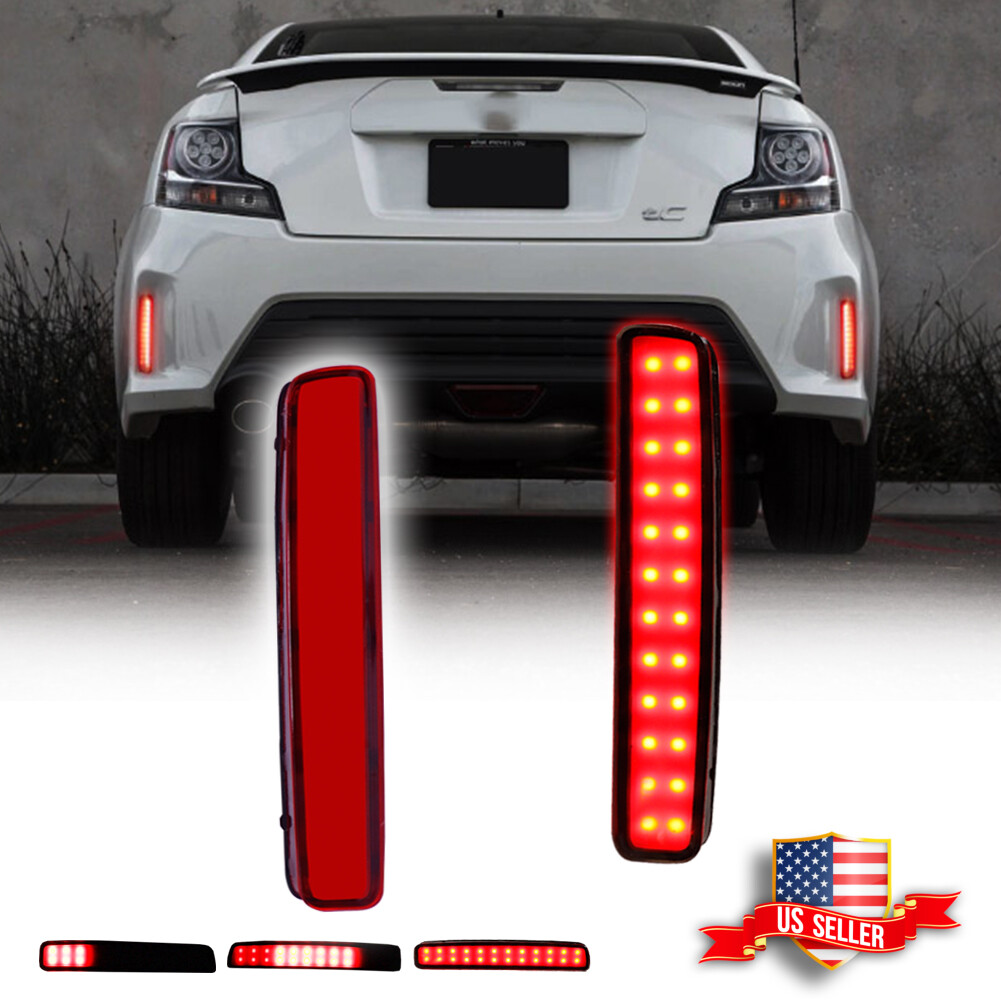 Red Lens Bumper Reflectors LED Strobe Flash Brake Lights For 14-16 Scion tC, etc