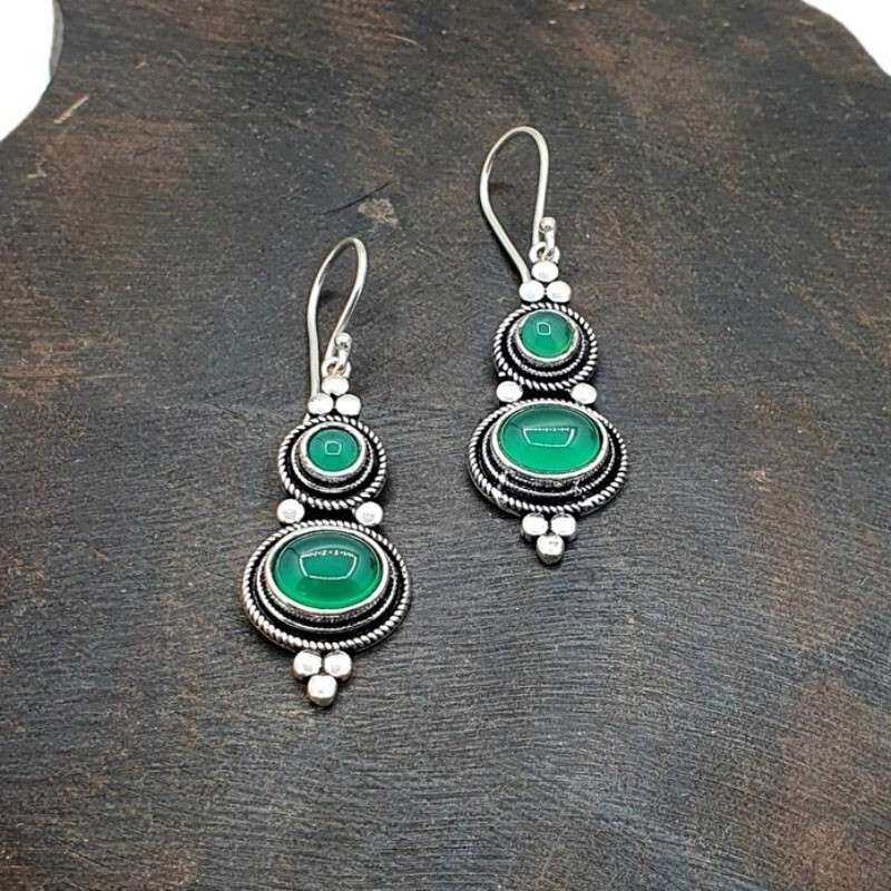 Sterling Silver Handmade Genuine Green Onyx Oval & Round Shape Women Earrings
