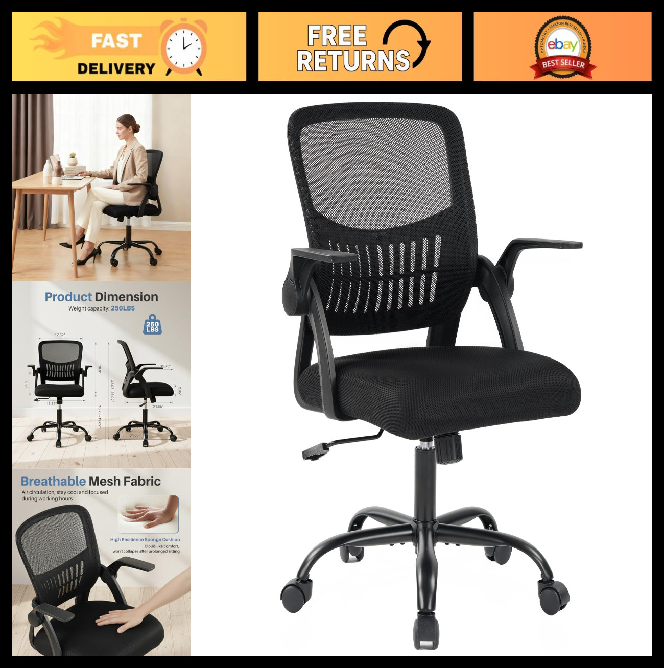 Ergonomic Mid Back Office Chair with Lumbar Support, Adjustable Height, 360° Swi