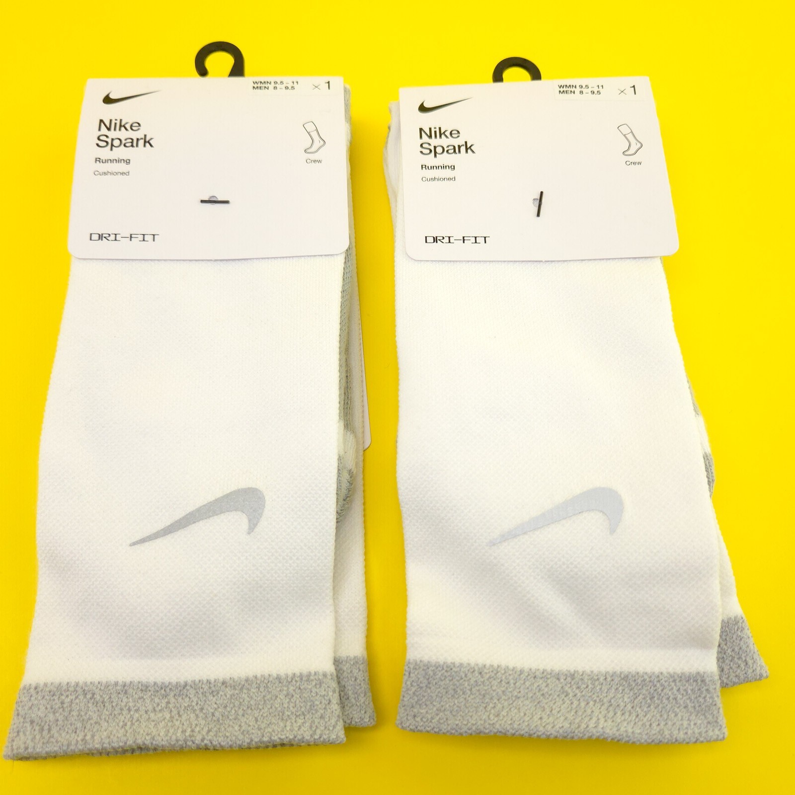 2 Pack Nike Spark Cushioned Crew Running Socks Size Medium 8-9.5 Mens White