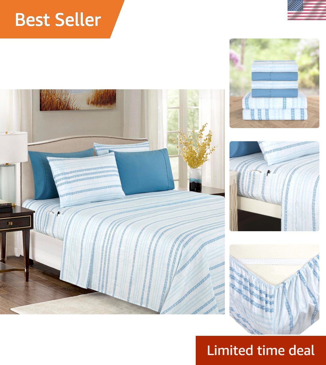 6-Piece Sheet Set Deep Pocket Stripe, Queen, Traci Aqua