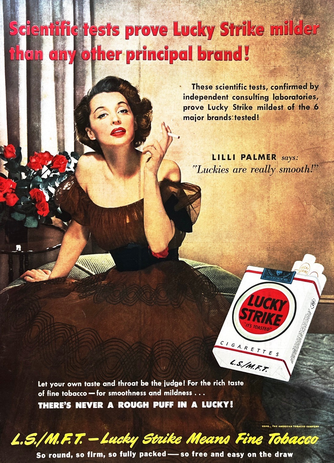 1950 LUCKY STRIKE CIGARETTES Large Original Vintage Print Ad Lilli Palmer