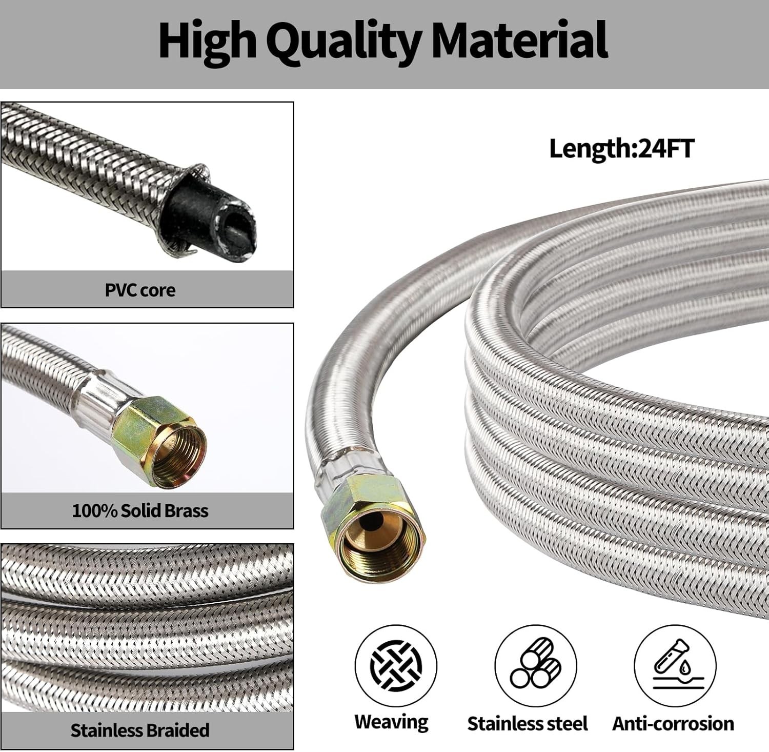 24 FT Propane Hose Extension High Pressure Braided Silver