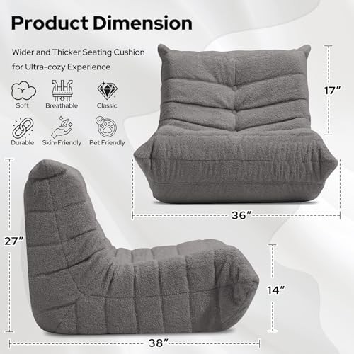 Bean Bag Chairs Fireside Lazy Floor Sofa, Soft Teddy Fleece Single Dark Grey