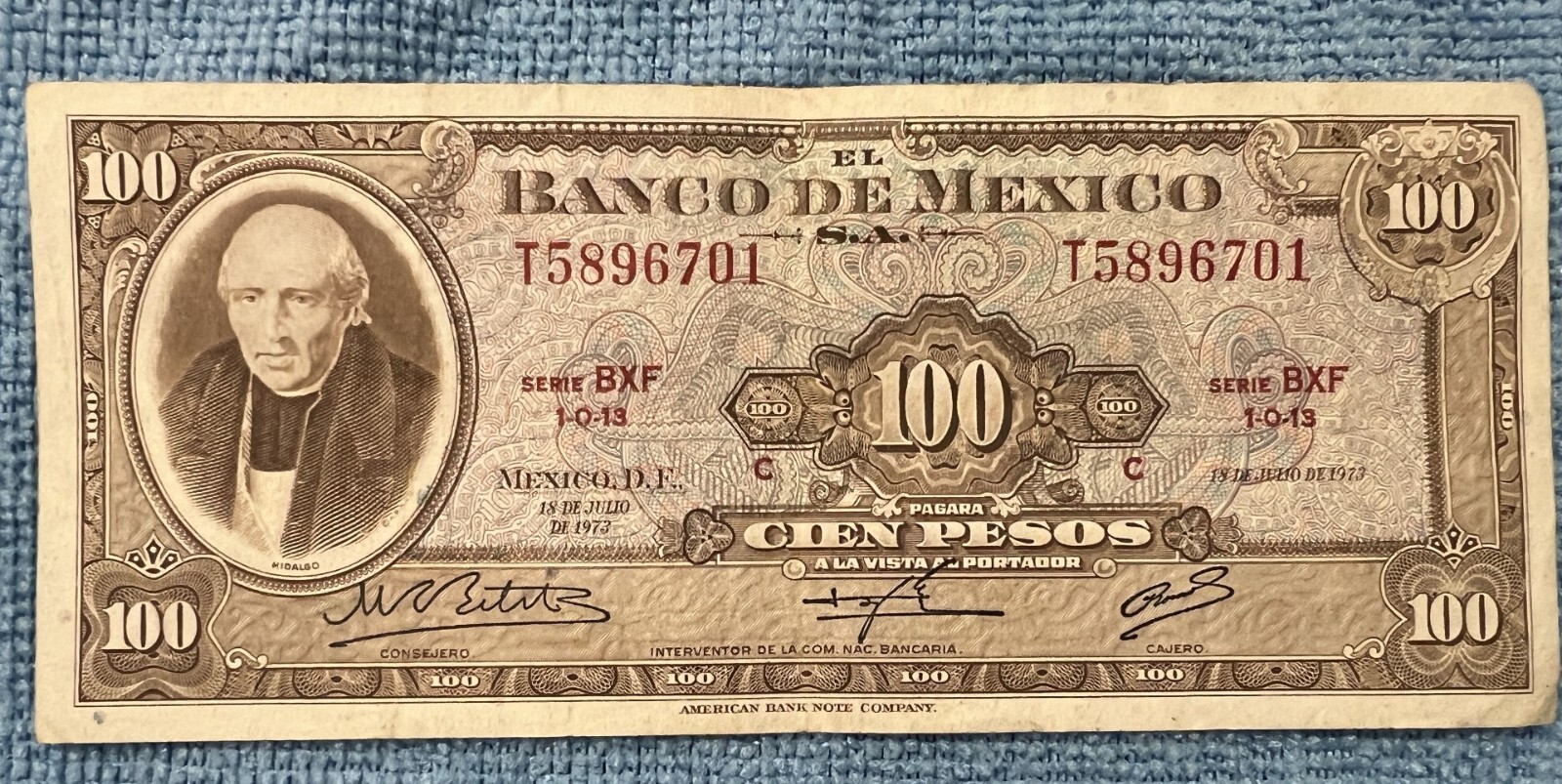 1973 Mexico 100 Pesos Miguel Hidalgo Banknote Money SERIE BXF PREFIX T 5896701