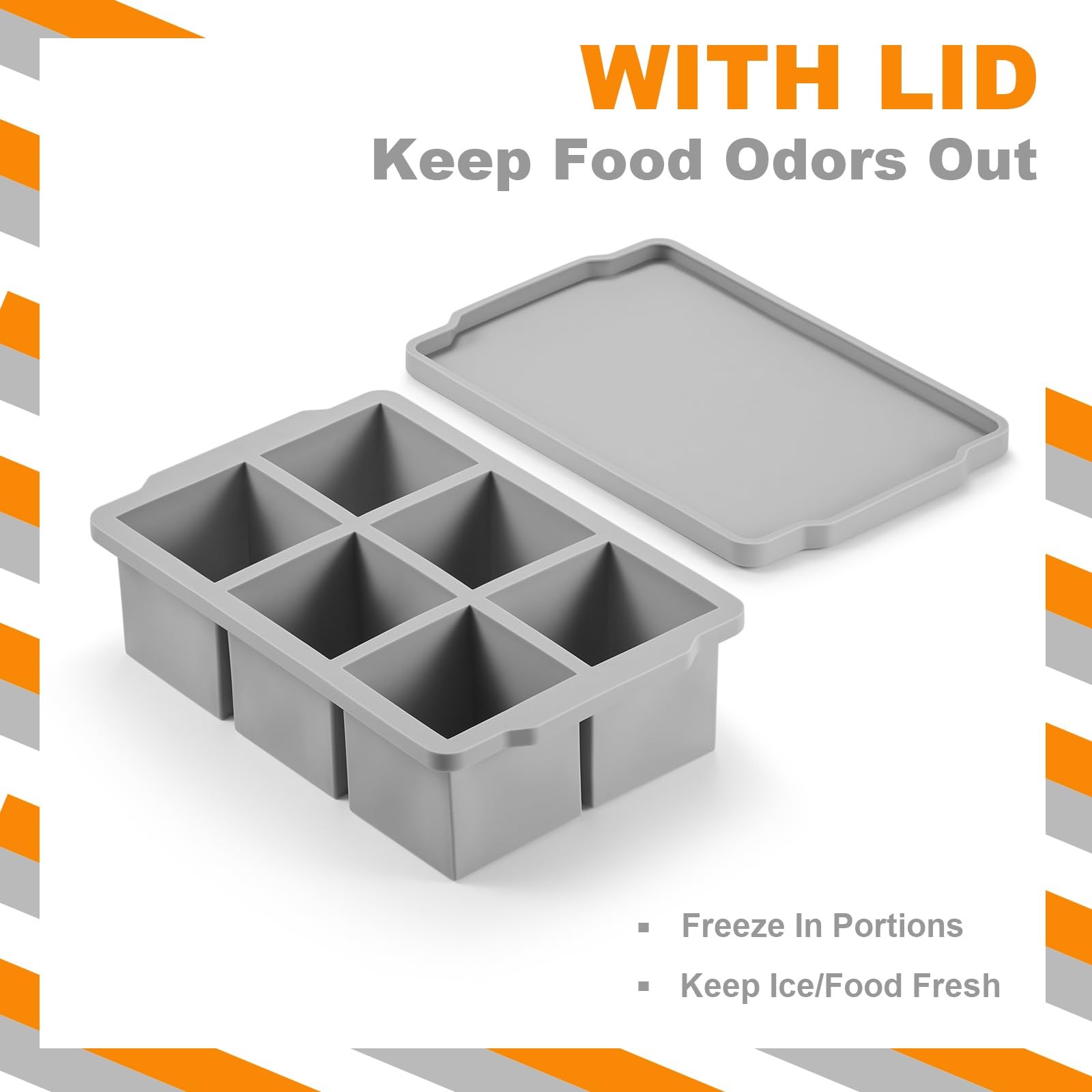 2 Pack Grey Large Ice Cube Tray with Lid 2 Inch Cubes