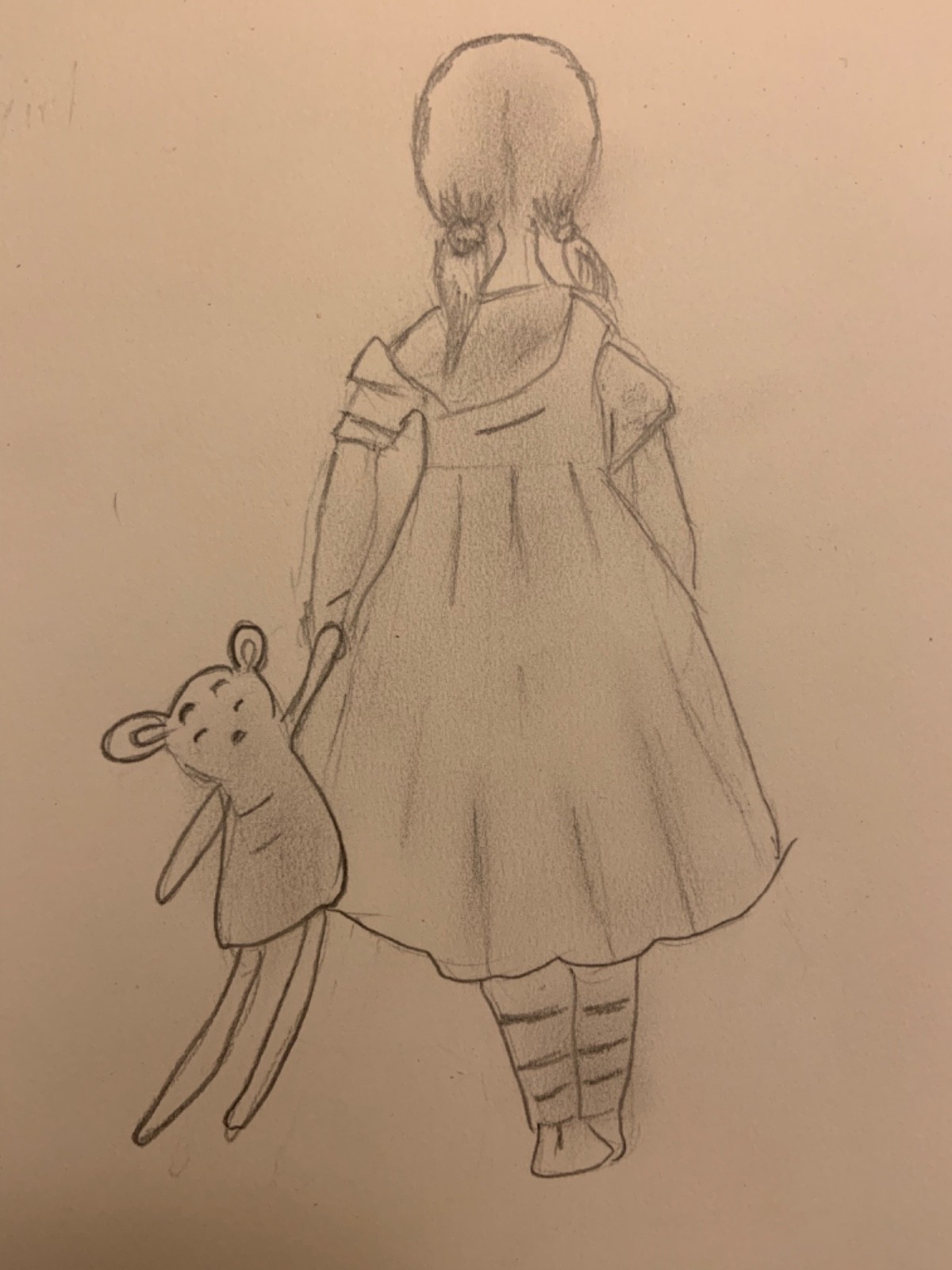 Pencil hand Drawing On Paper 9”x12” Little girl back