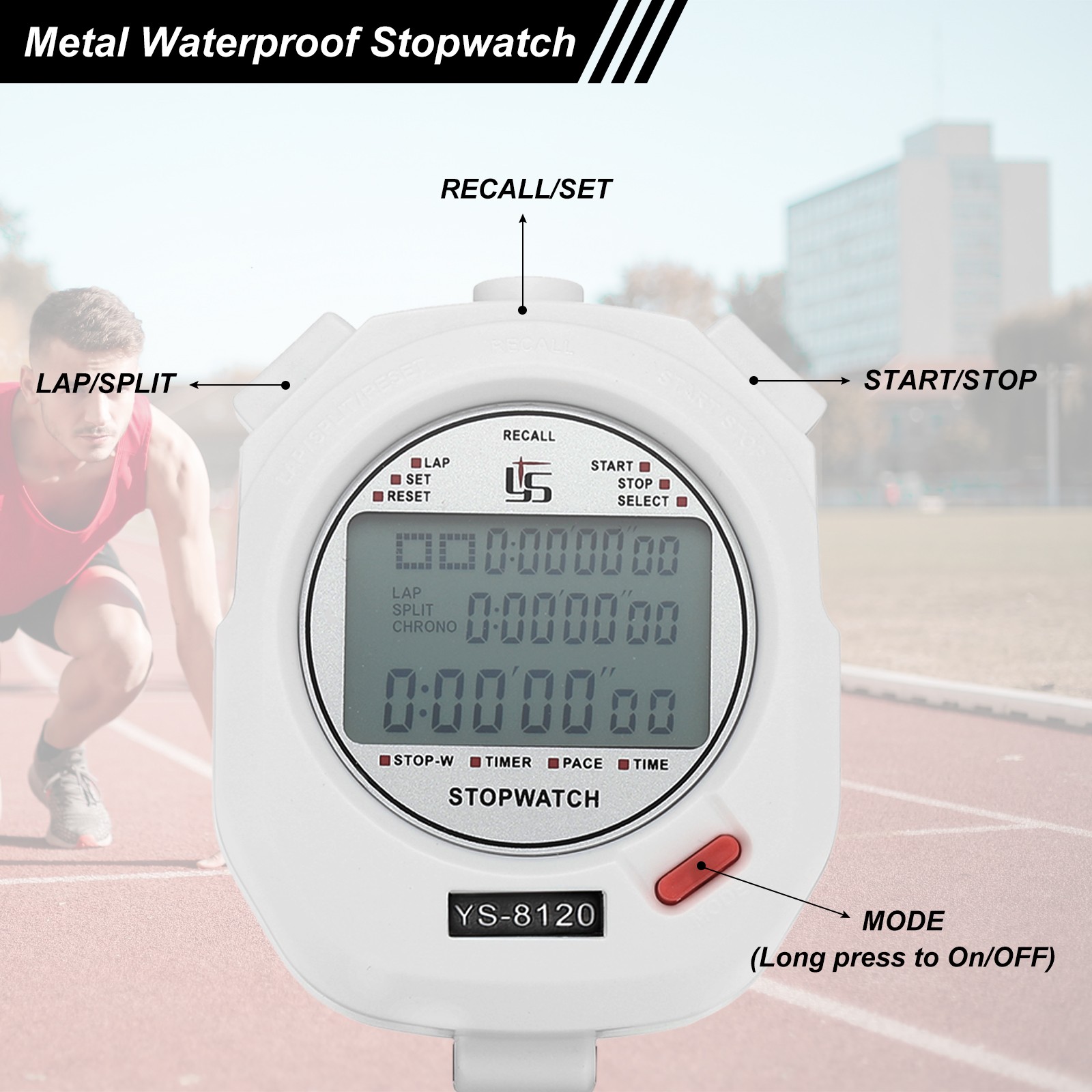 Professional Sport Stopwatch Timer 120 Lap Memory 0.01 Second Timing White