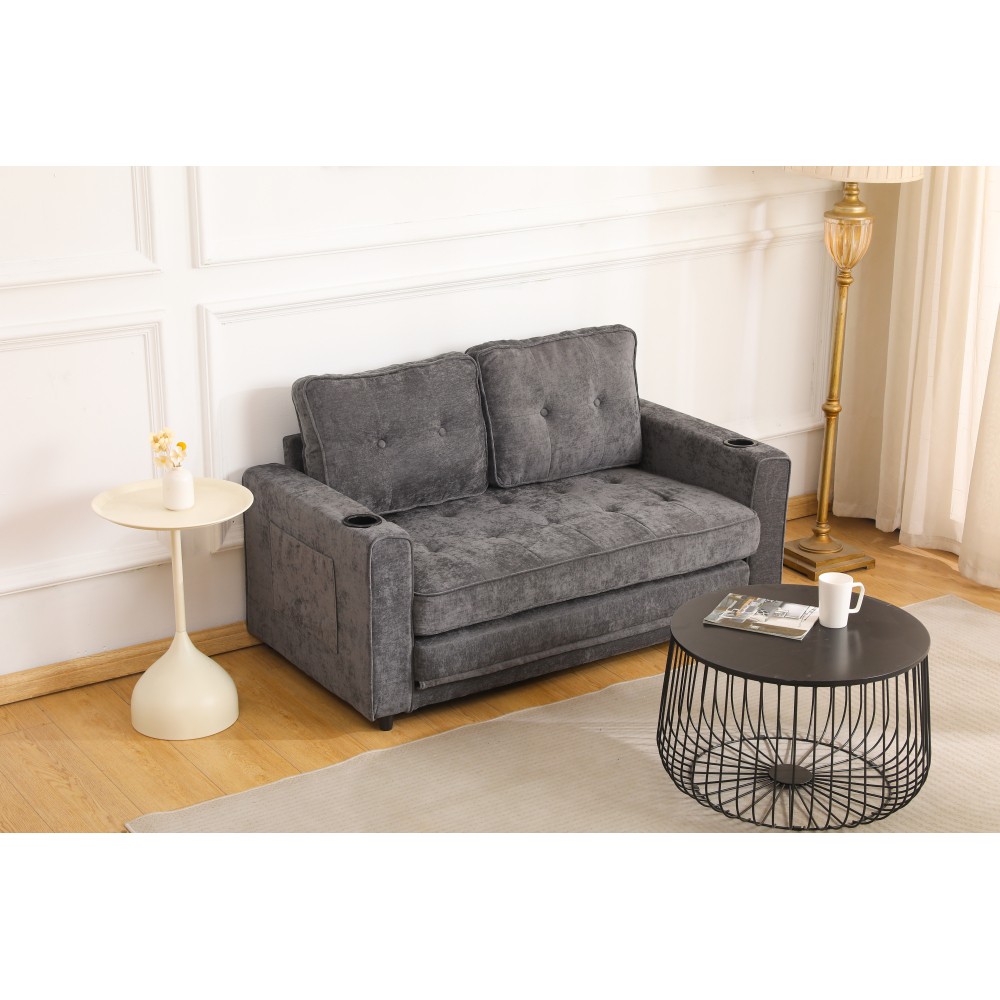 55" 3-Fold Dark Gray Convertible Futon Sleeper Sofa – Velvet Linen Fabric