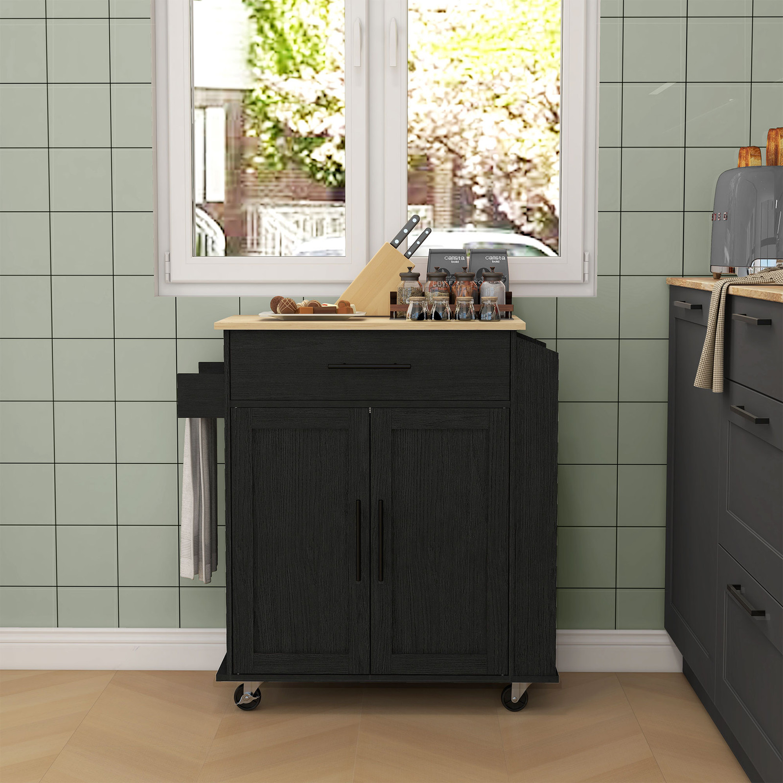 Kitchen Island with Storage and Power Outlets, Rolling, Black