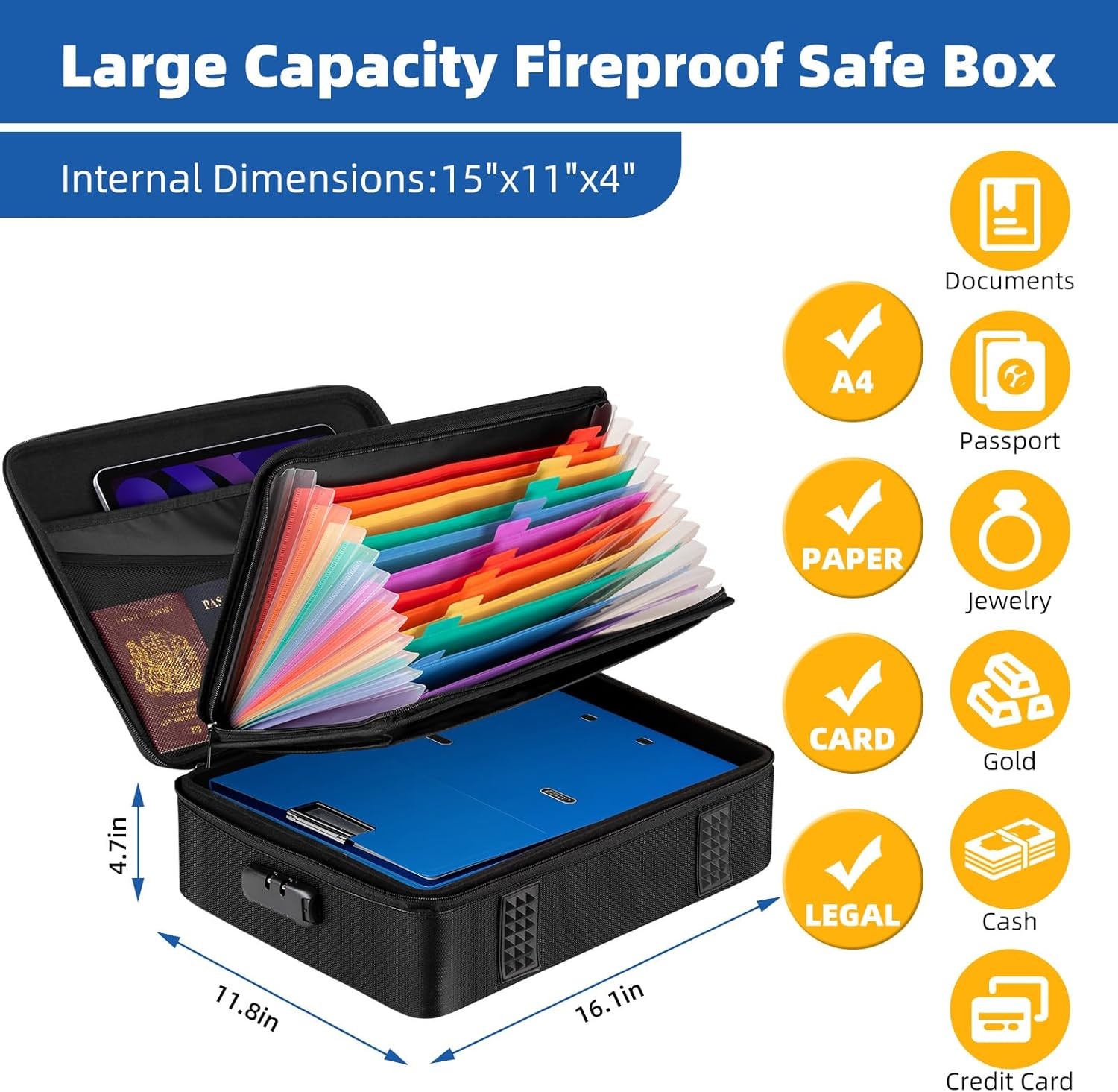 Fireproof Document Box with Lock Hard Case File Organizer Fire Safe Waterproof