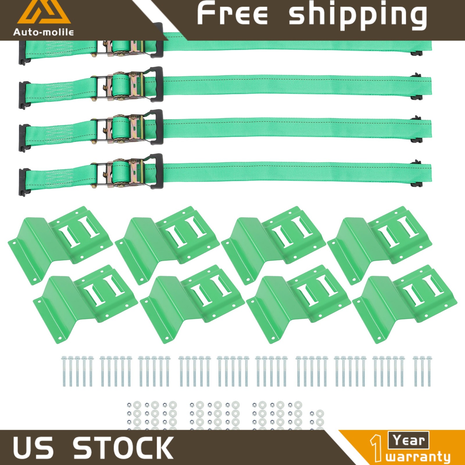 E Track Wheel Chock Tie Down System 8' Green Ratchet Straps Durable Secure Cargo
