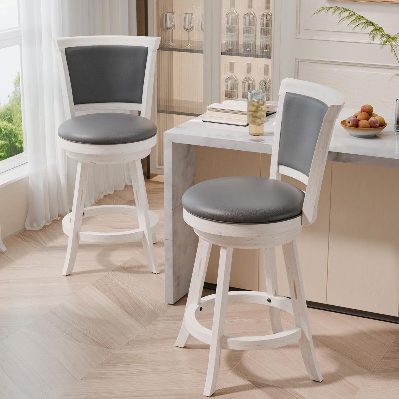 Home Bar Pub Set of 2 Farmhouse 24" Counter Height Barstools with Leather Back