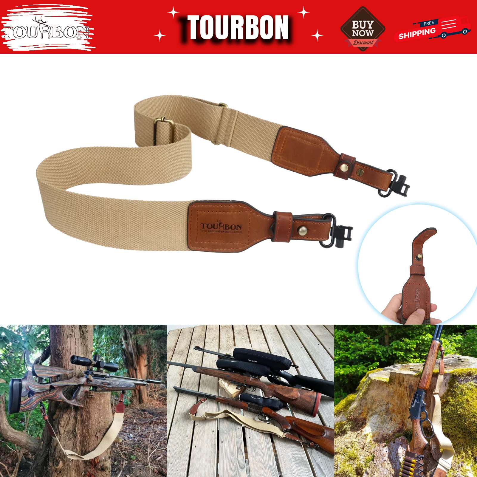 TOURBON Rifle/Shotgun Sling Quick Release Gun 1" Mounted Swivels Set Shooting