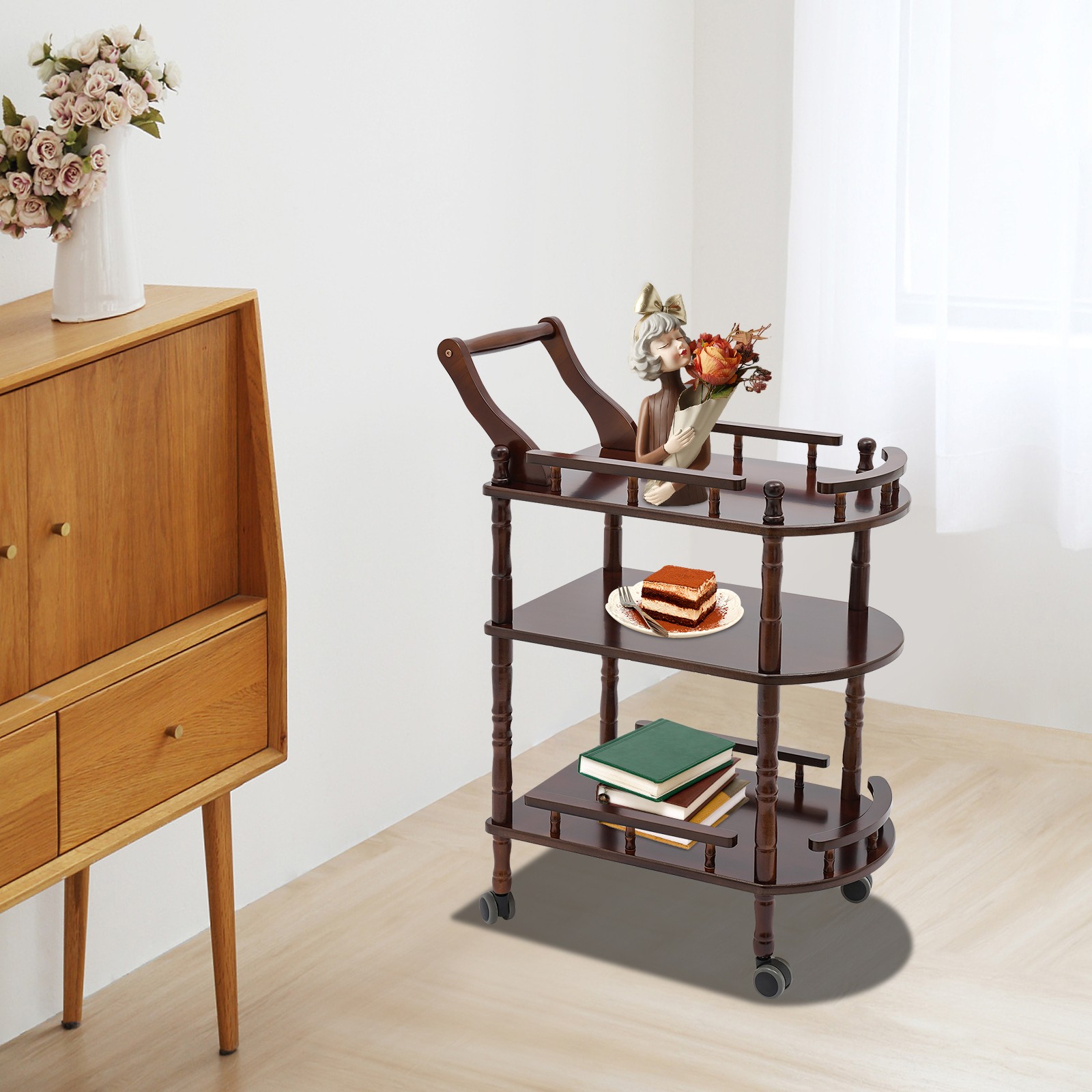 3 Tier Wood Rolling Storage Cart Kitchen Living Room 4Wheels Organizer Rack Cart