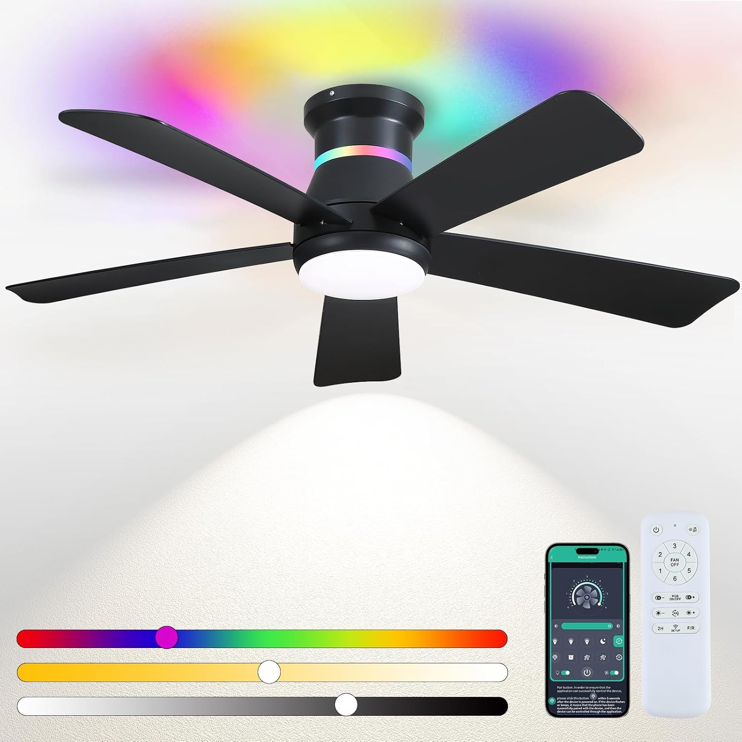 46" Black Ceiling Fans with RGB Lights - Flush Mount Ceiling Fan Light with LED