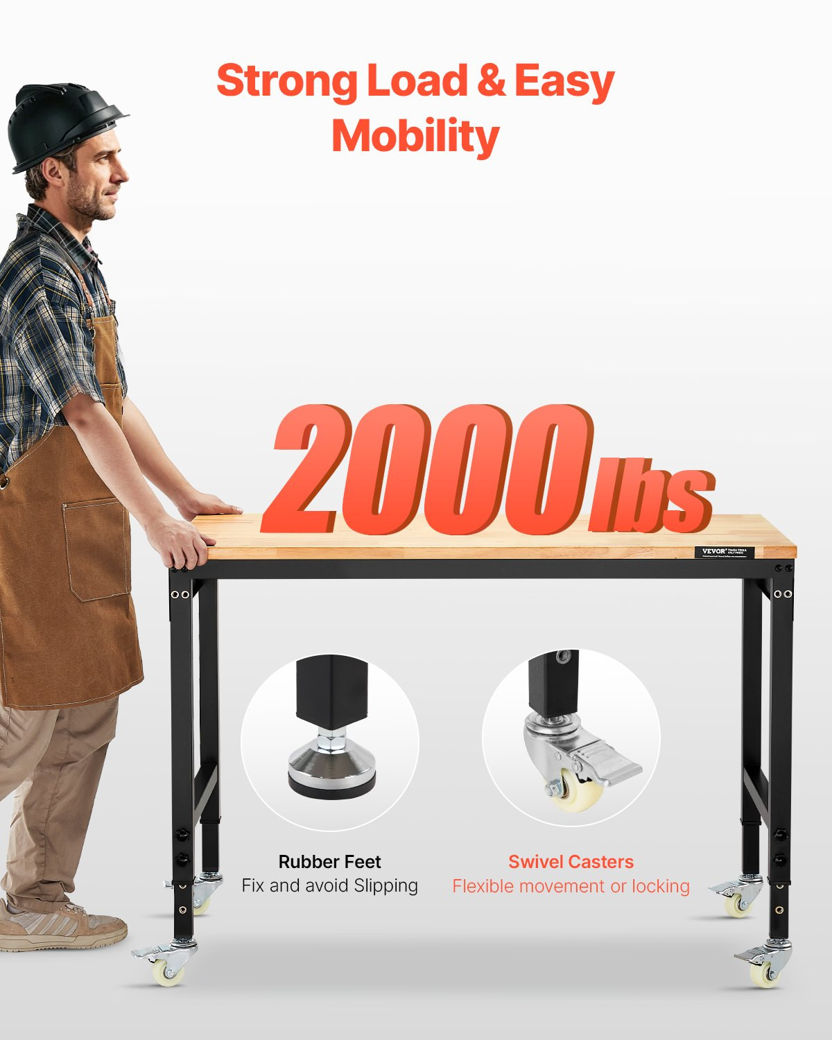 48" Workbench on Wheels Adjustable Height Table with Power Outlet & Pegboard