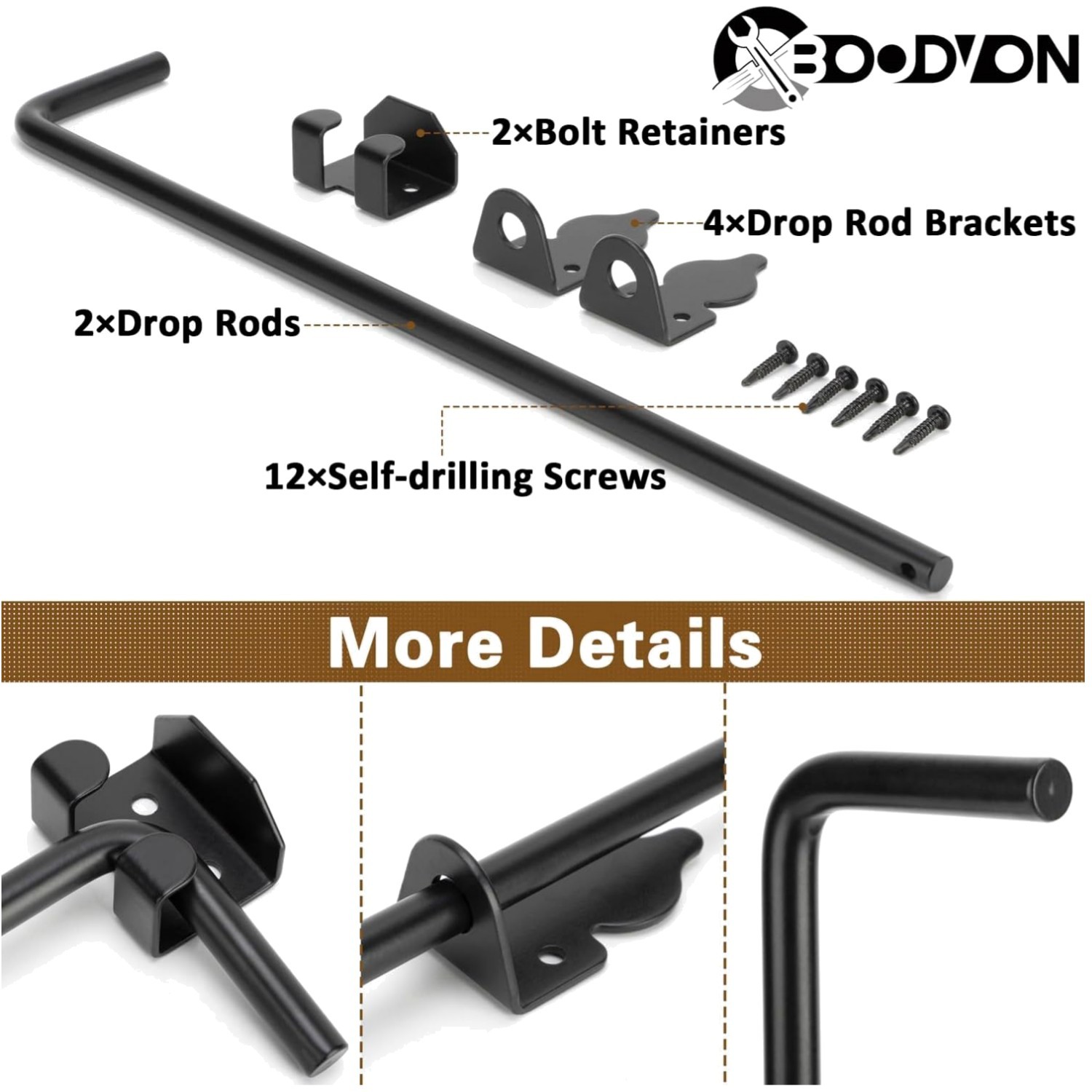 Heavy Duty Wrought Iron Cane Bolt Set - Black Finish