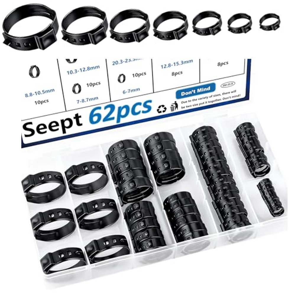 62pc 304 SS Black Single Ear Hose Clamps Kit for Automotive Plumbing 6-23.5mm