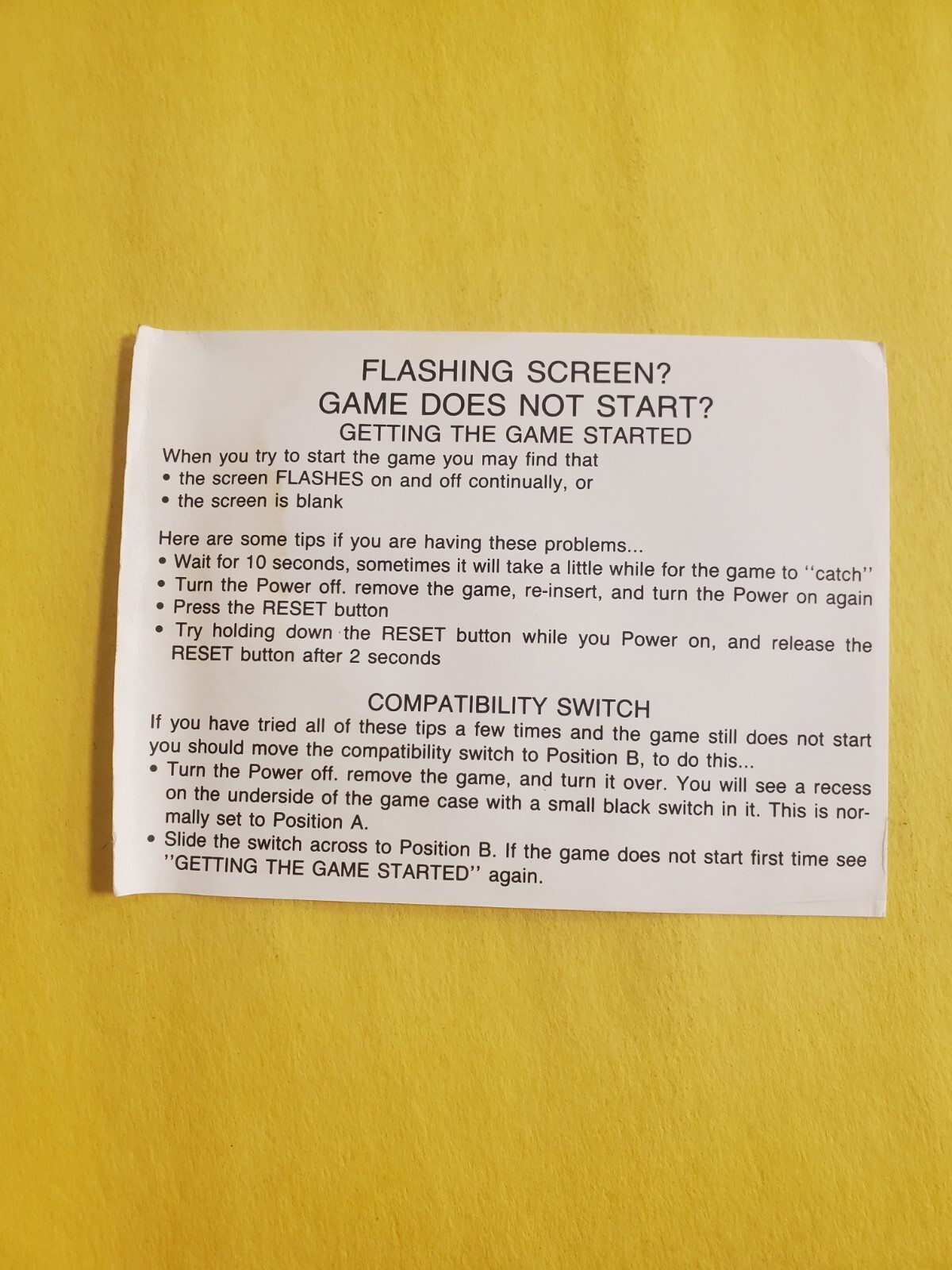 Camerica "Flashing Screen" Nintendo NES Information Card Insert ONLY